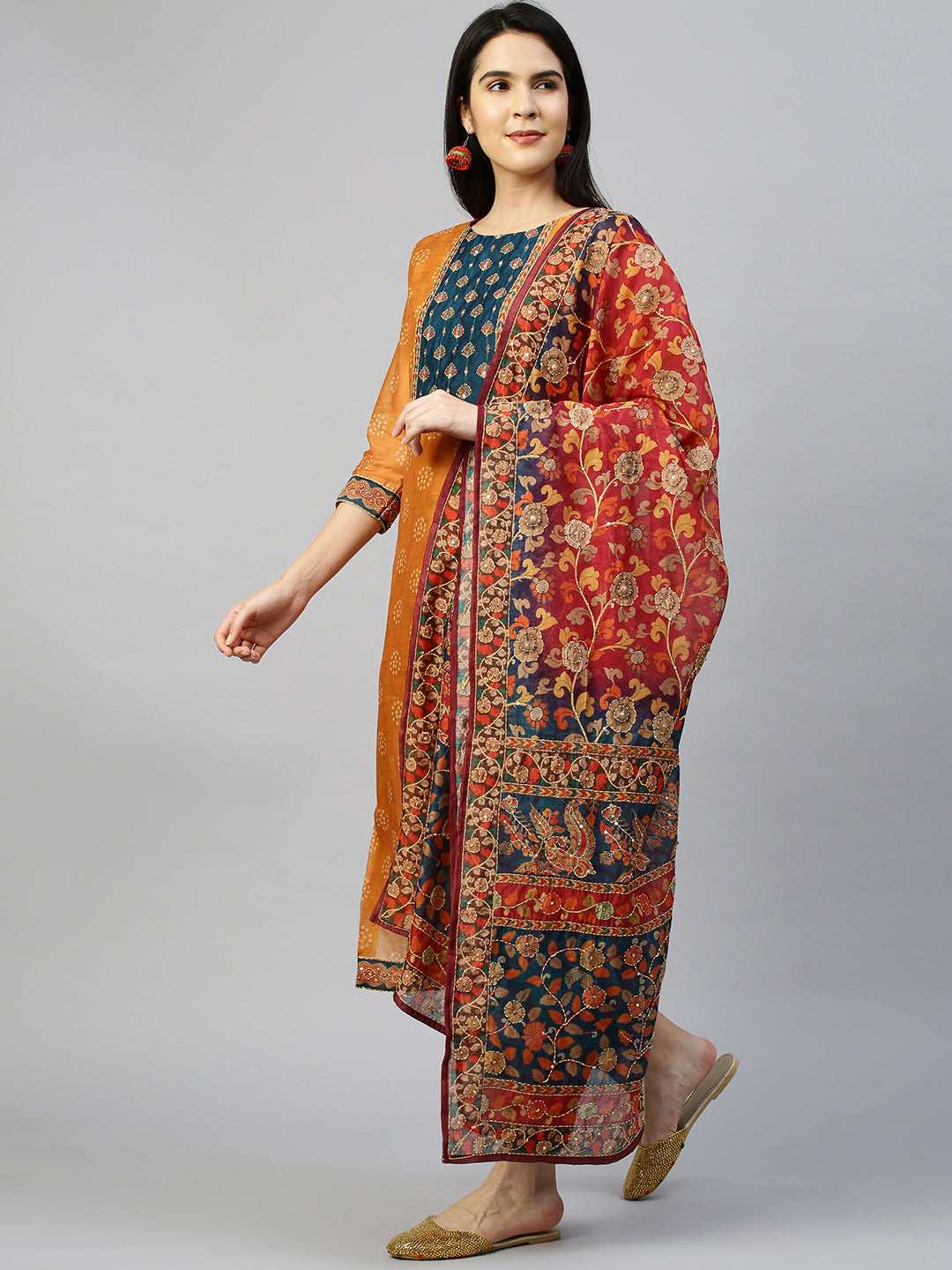 Kantha Embroidered Kurta with Printed Dupatta - Ochre Yellow