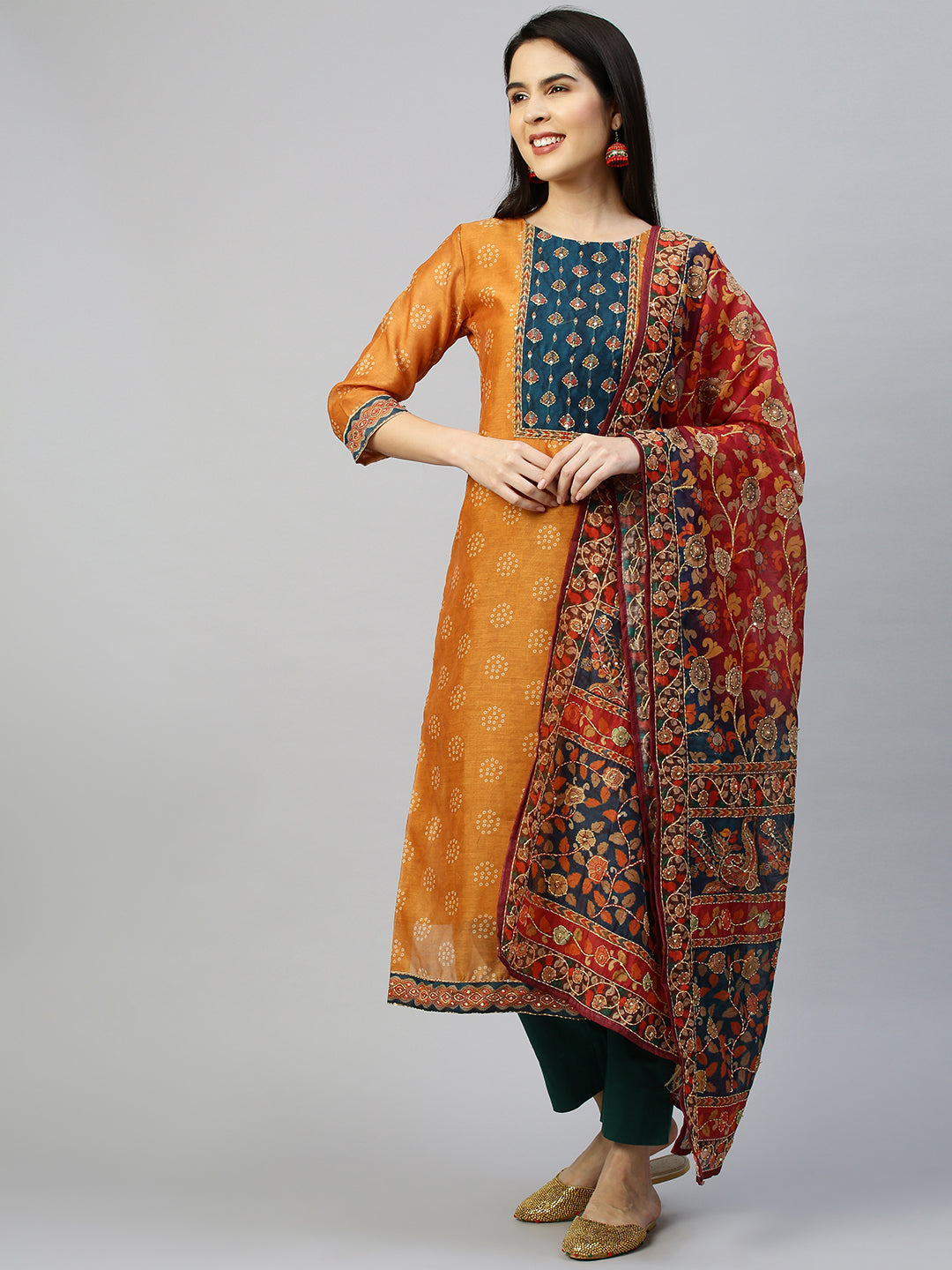 Kantha Embroidered Kurta with Printed Dupatta - Ochre Yellow