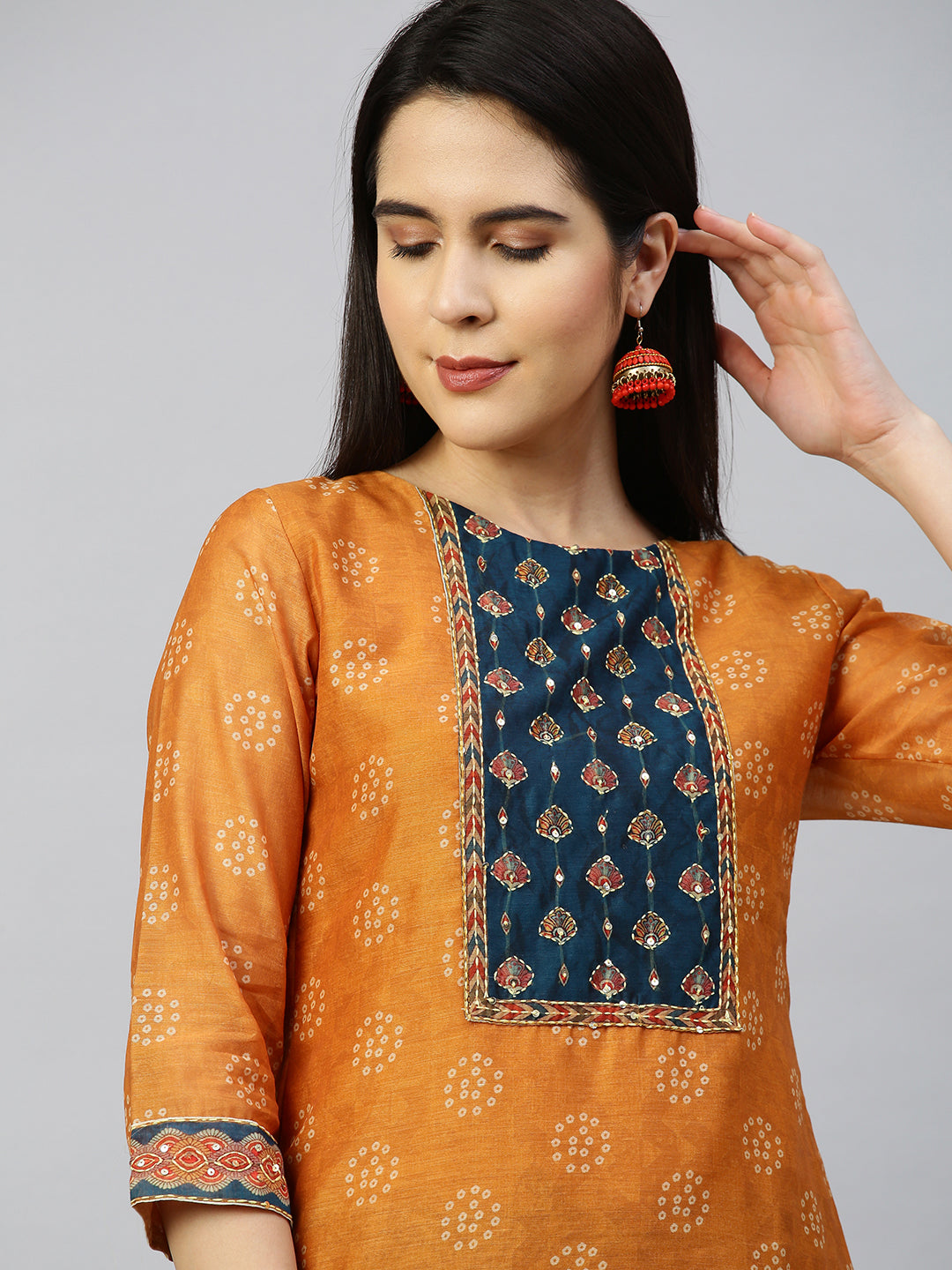 Kantha Embroidered Kurta with Printed Dupatta - Ochre Yellow