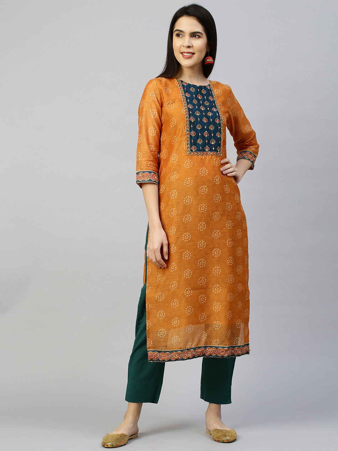 Kantha Embroidered Kurta with Printed Dupatta - Ochre Yellow