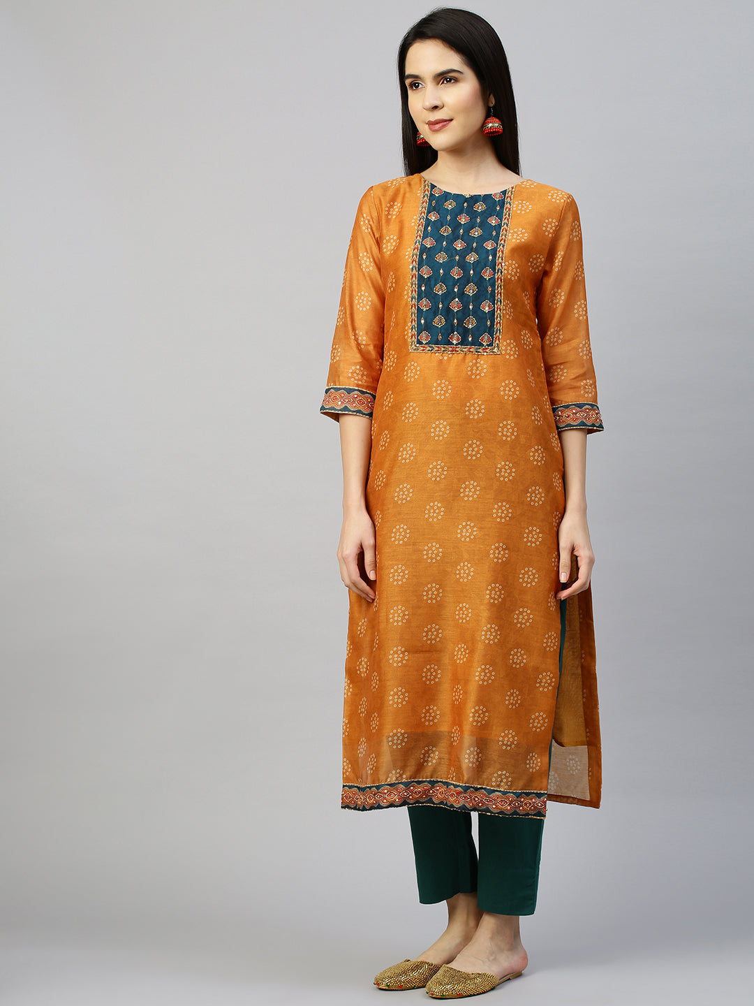 Kantha Embroidered Kurta with Printed Dupatta - Ochre Yellow