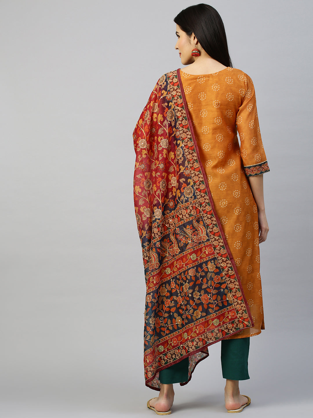 Kantha Embroidered Kurta with Printed Dupatta - Ochre Yellow