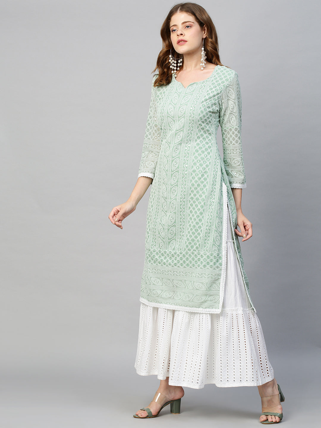 Chikankari Embroidered Straight Kurta - Pastel Green