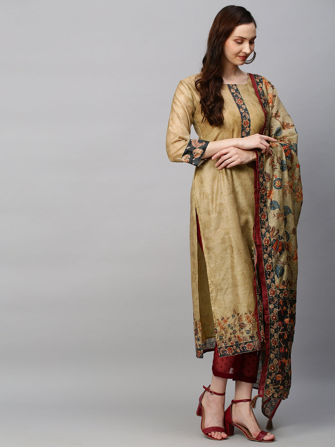 Ethnic Printed & Hand Embroidered Straight Kurta with Dupatta - Khaki