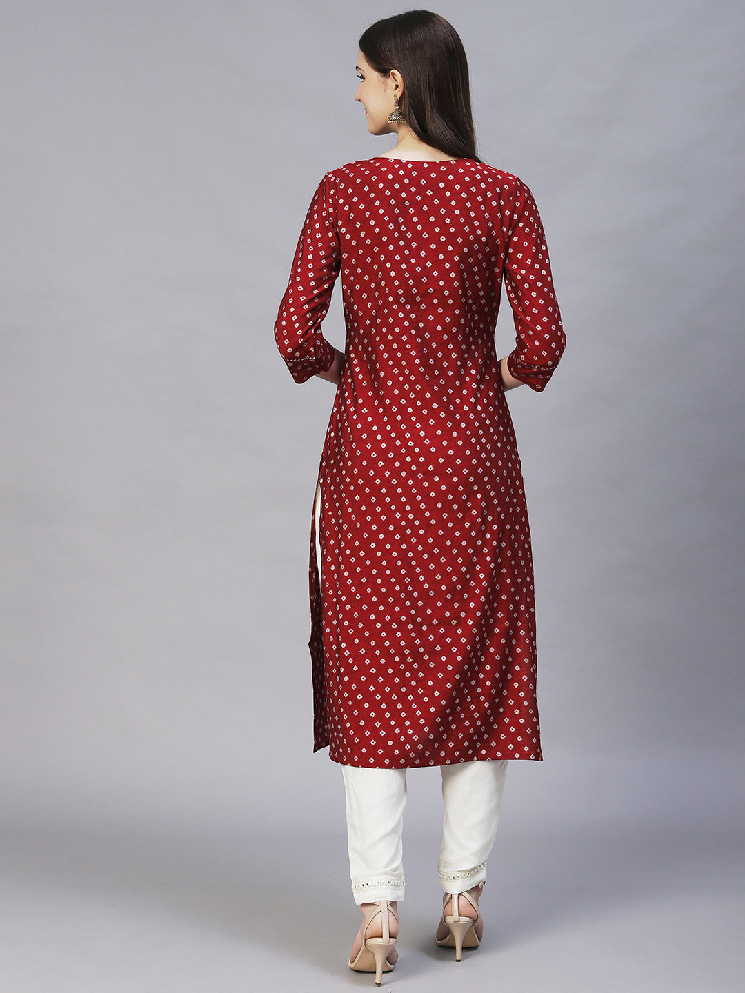 Bandhani Printed & Embroidered Straight Fit Kurta - Maroon