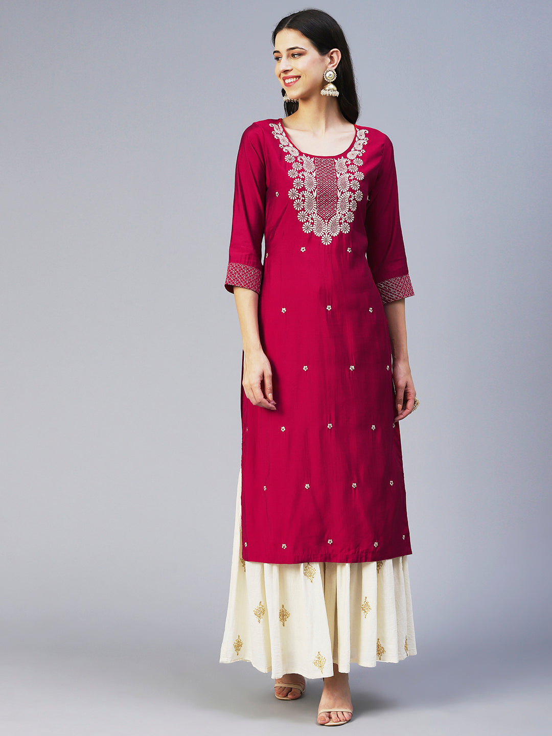 Solid Resham & Beads Embroidered Kurta - Red
