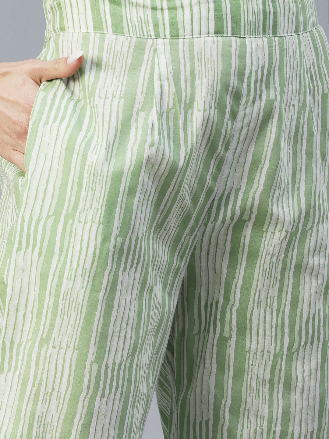 Floral Printed Mirror & Zari Embroidered Kurta With Striped Pants - Green