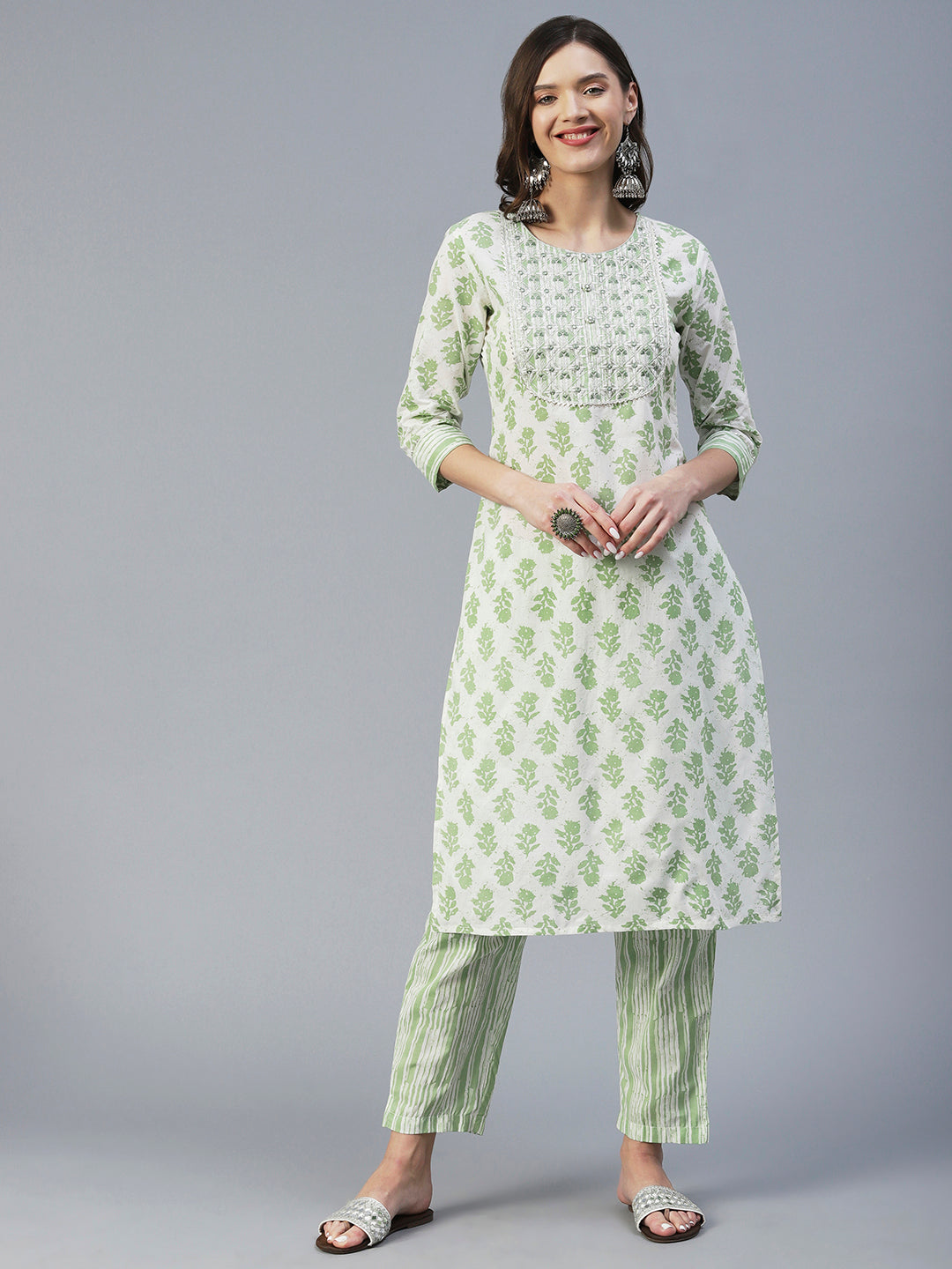 Floral Printed Mirror & Zari Embroidered Kurta With Striped Pants - Green