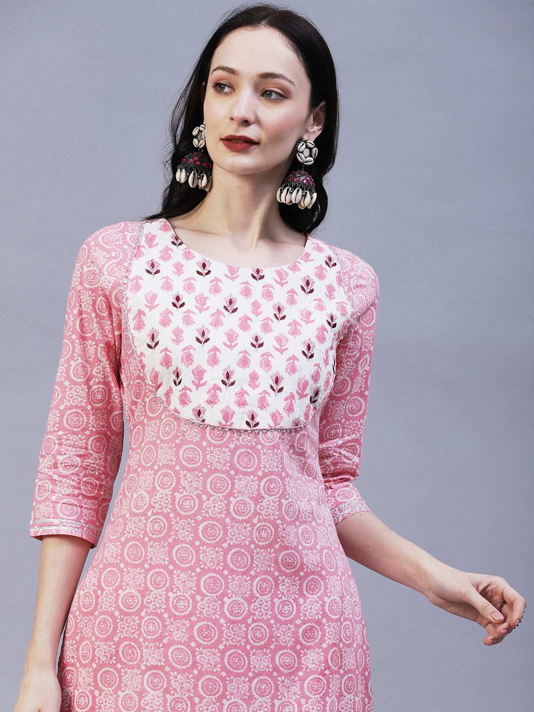 Ethnic Printed Straight Fit Kurta with Pant - Pink