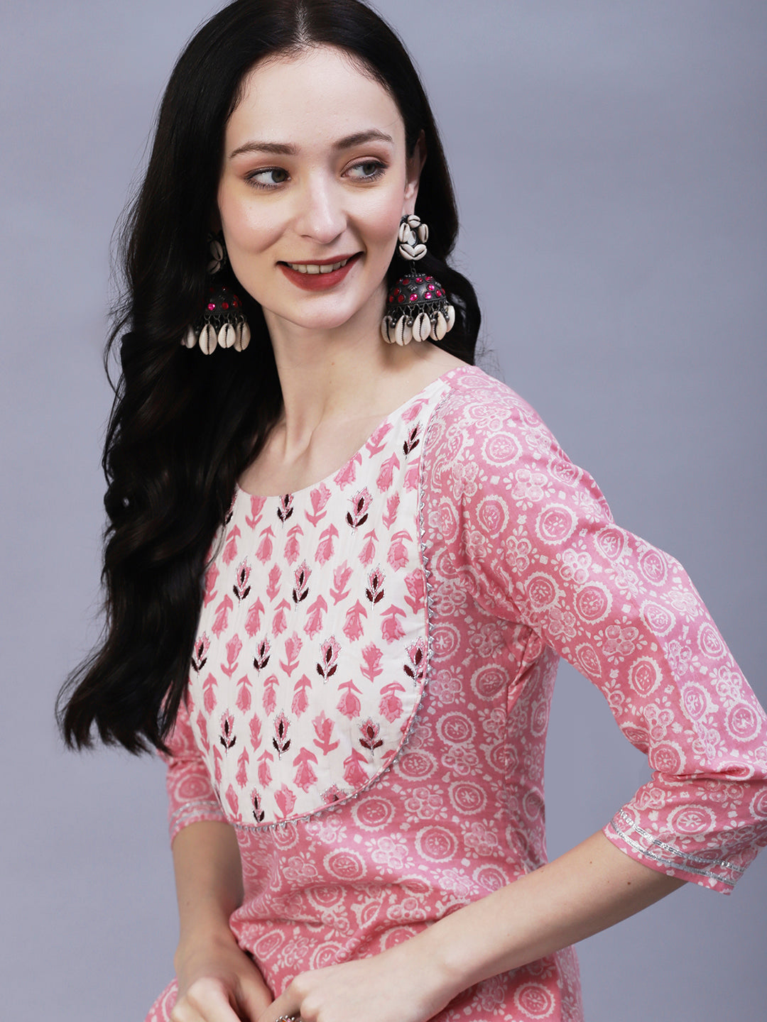 Ethnic Printed Straight Fit Kurta with Pant - Pink