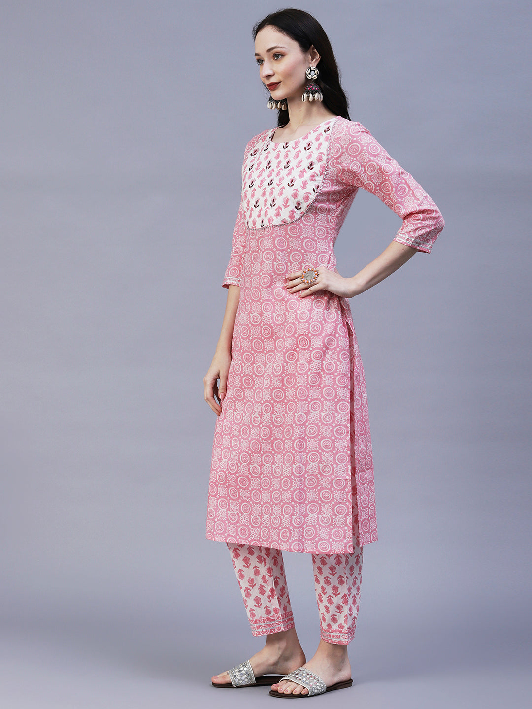 Ethnic Printed Straight Fit Kurta with Pant - Pink