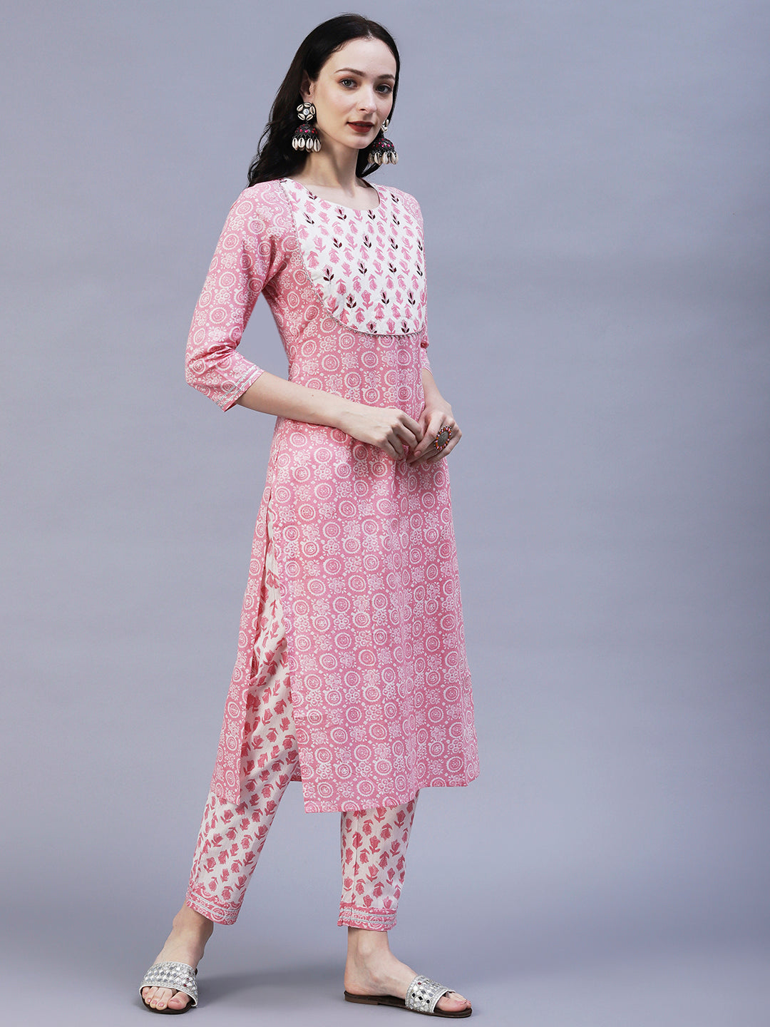 Ethnic Printed Straight Fit Kurta with Pant - Pink