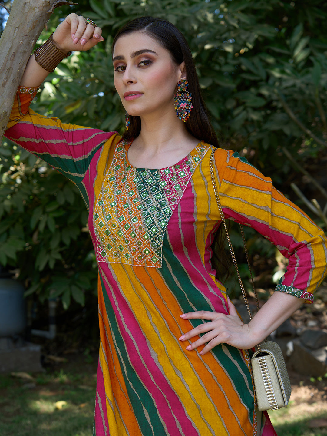 Leheriya Printed & Embroidered Straight Fit Kurta - Multi