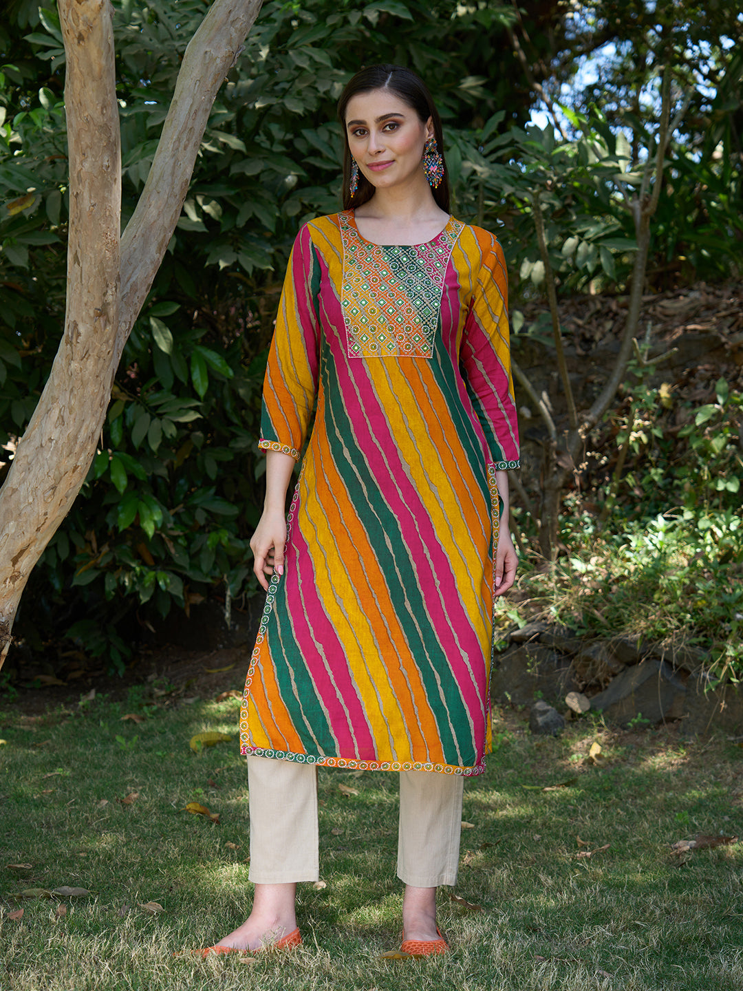 Leheriya Printed & Embroidered Straight Fit Kurta - Multi
