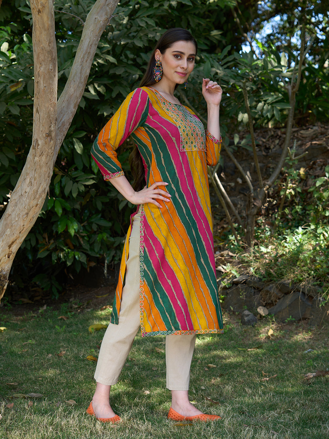 Leheriya Printed & Embroidered Straight Fit Kurta - Multi