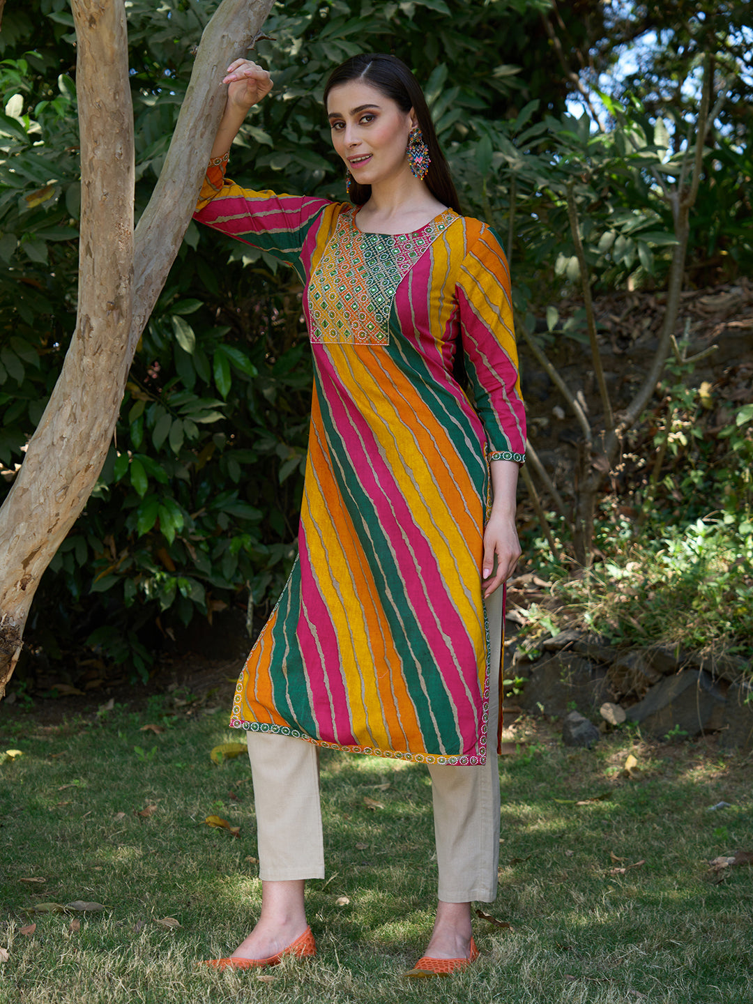Leheriya Printed & Embroidered Straight Fit Kurta - Multi