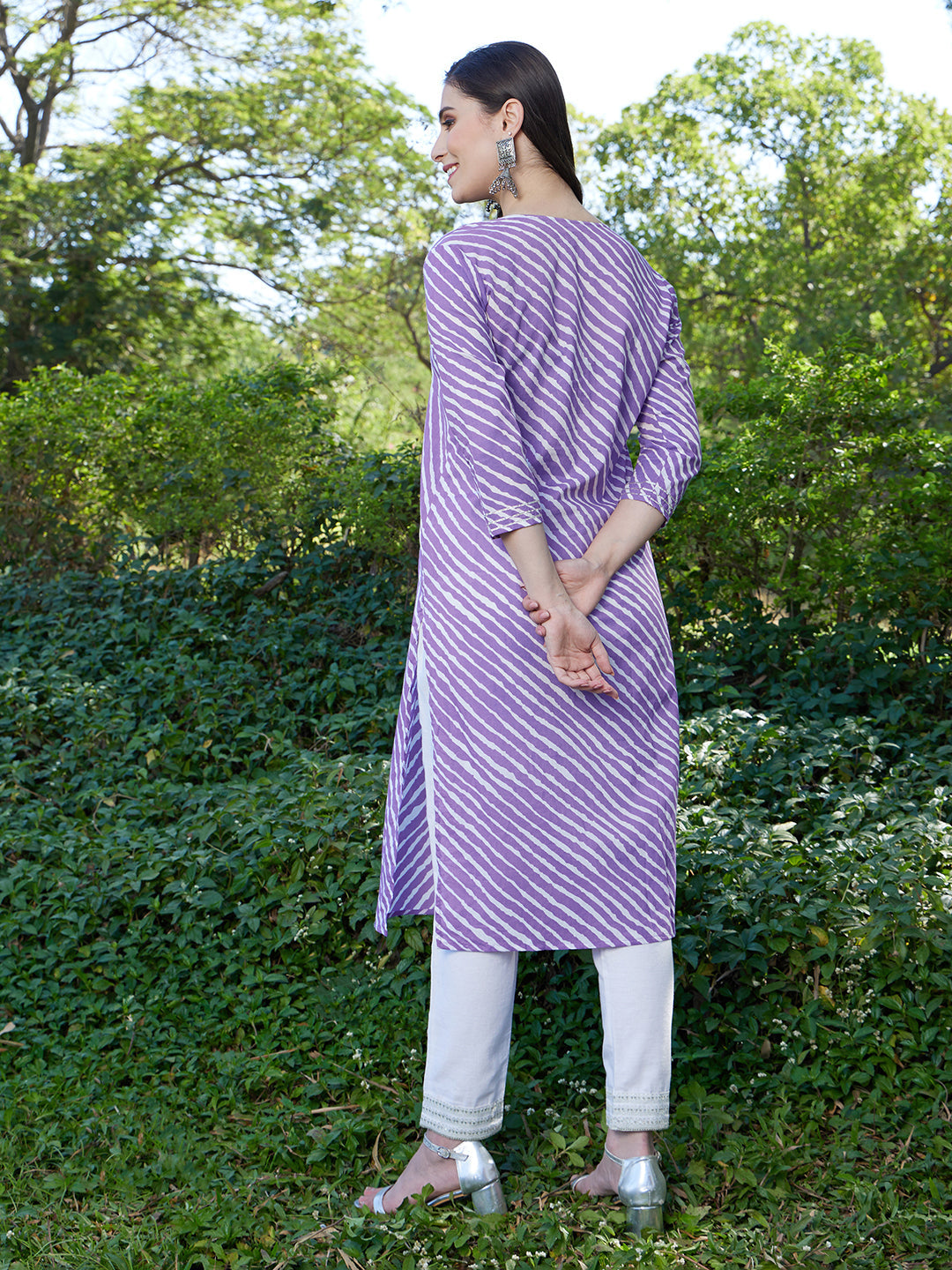 Leheriya Printed & Ethnic Embroidered Straight Fit Kurta - Purple