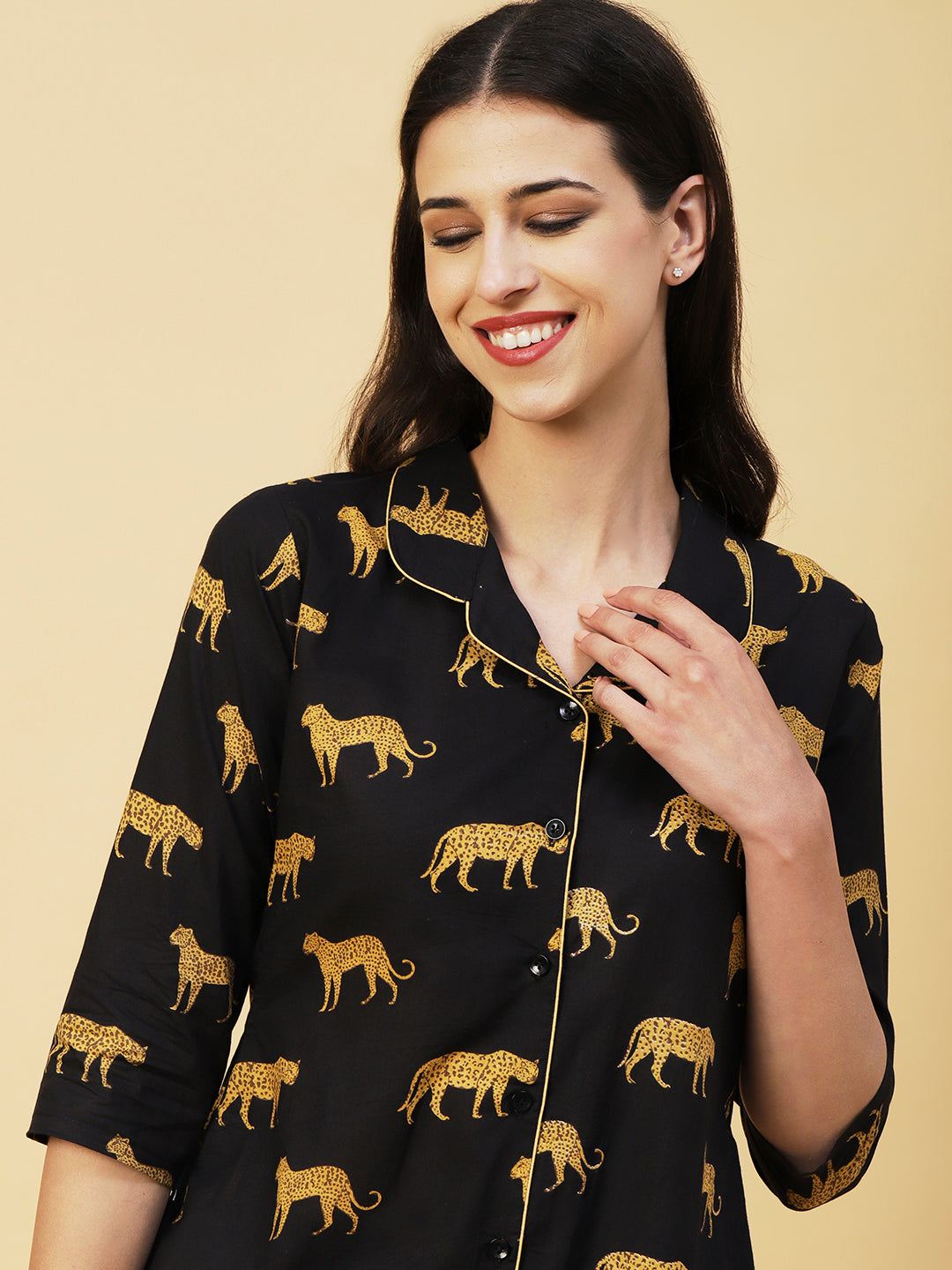 Animal Printed A-line Shirt With Pants Co-ord Set - Black