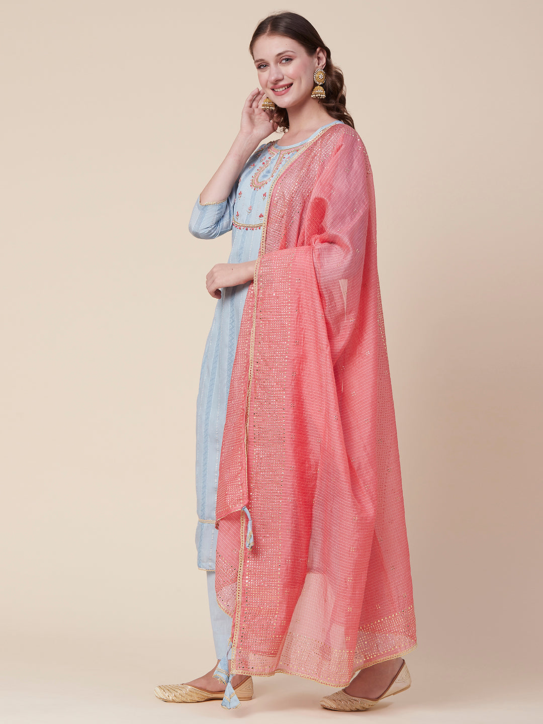 Woven Textured-Striped Zardozi Embroidered Kurta With Pants & Foil Printed Dupatta - Light Blue