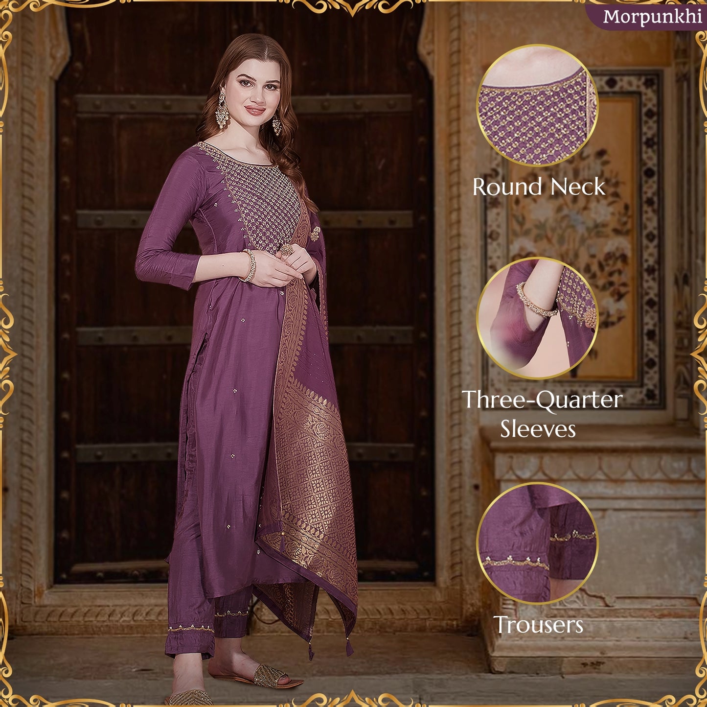 Solid Floral Hand Embroidered Straight Fit Kurta With Pant & Dupatta - Lavender