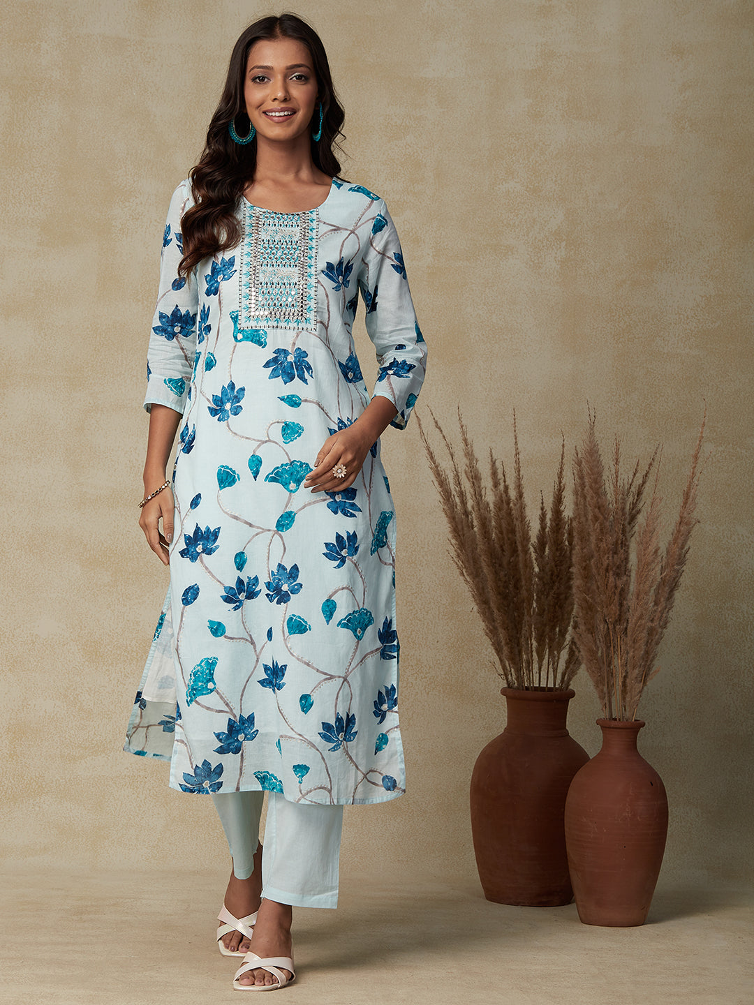 Floral Printed Mirror & Zari Embroidered Mul-Cotton Kurta With Pants & Dupatta - Mint Blue