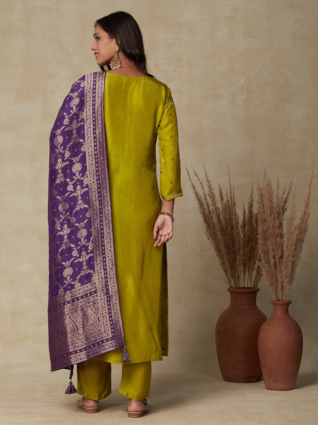 Ethnic Embroidered & Woven Straight Kurta with Pant & Brocade Dupatta - Lime Green