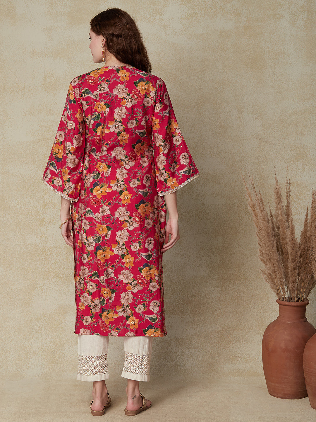 Floral Foil Printed Straight Fit Kurta - Fuchsia