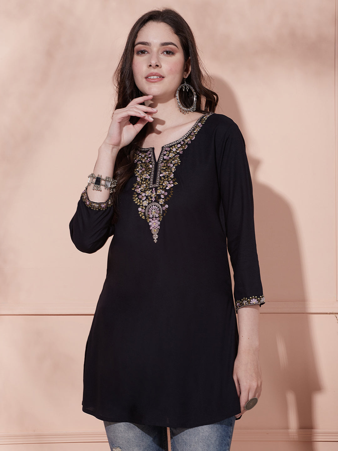 Solid Floral Sequin & Zari Embroidered A-Line Kurti - Black