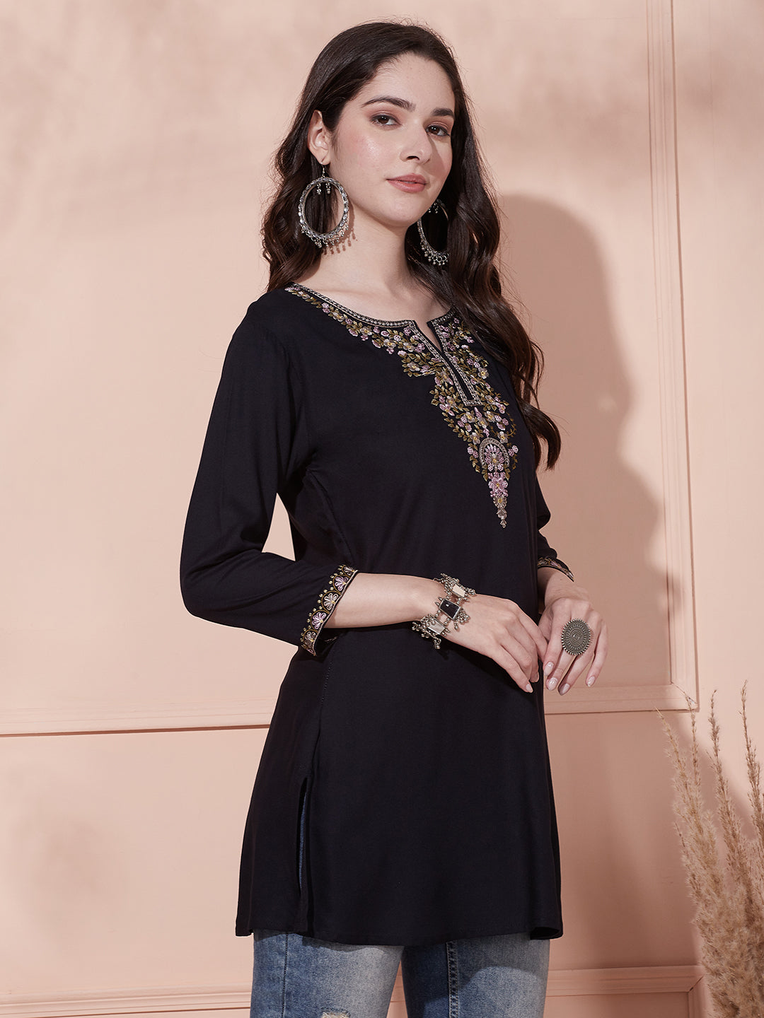 Solid Floral Sequin & Zari Embroidered A-Line Kurti - Black