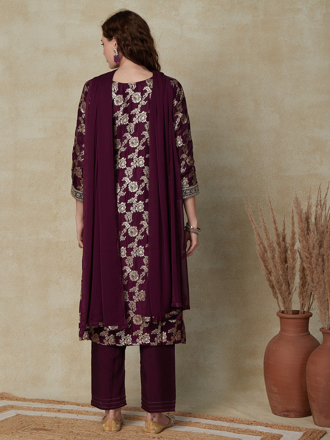 Woven Zari Jacquard Stones, Sequins & Zari Embroidered Kurta with Pants & Dupatta - Mauve