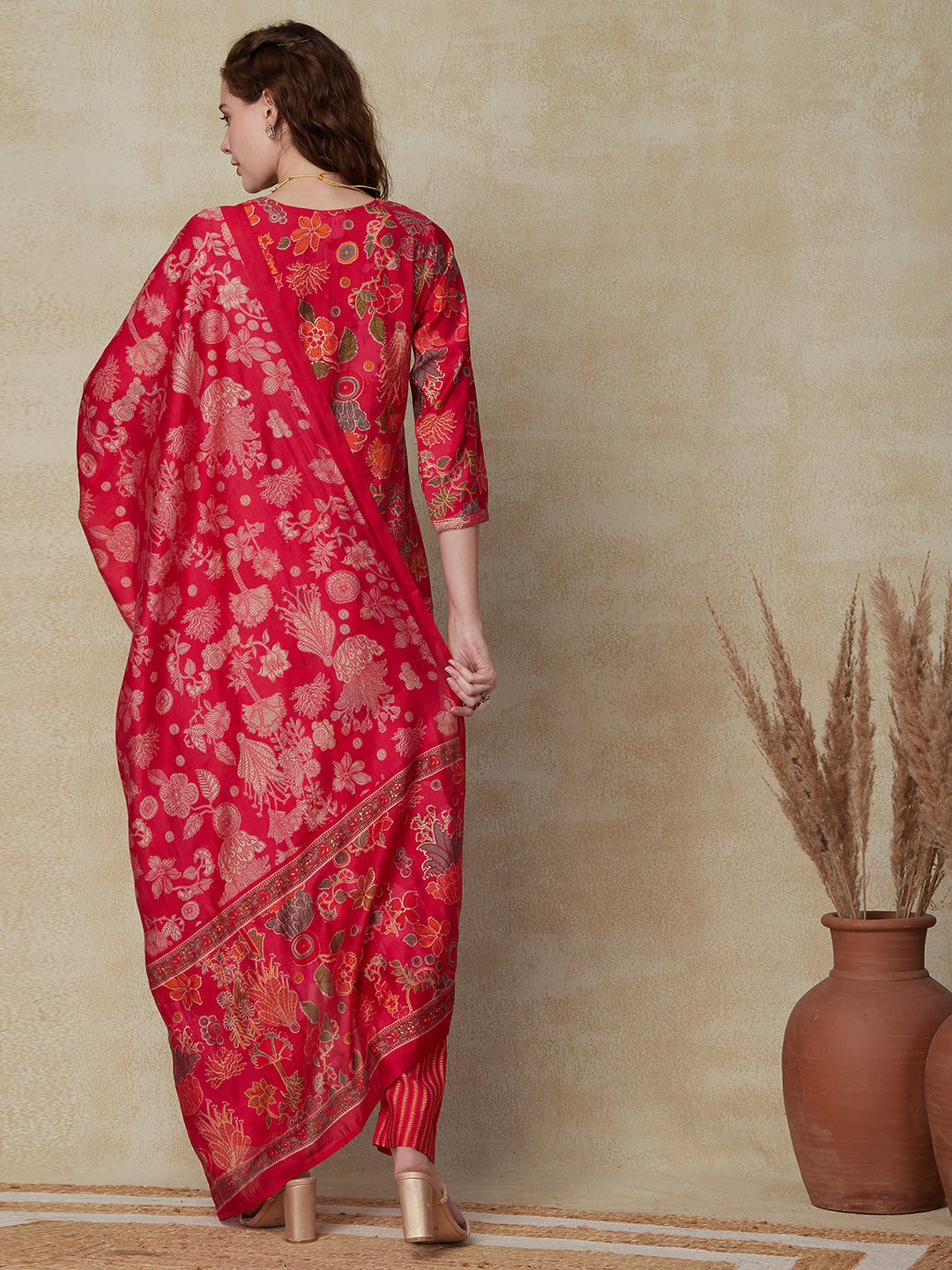 Floral Printed Cutdana, Beads & Sequins Embroidered Kurta With Pants & Dupatta - Pink