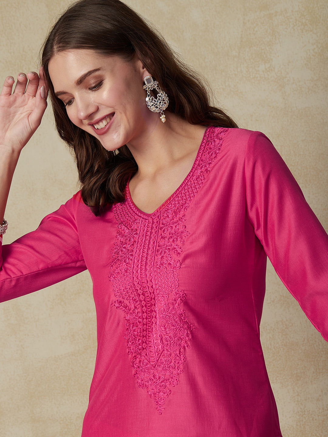 Solid Resham Embroidered Kurta With Lehriya Pants - Pink
