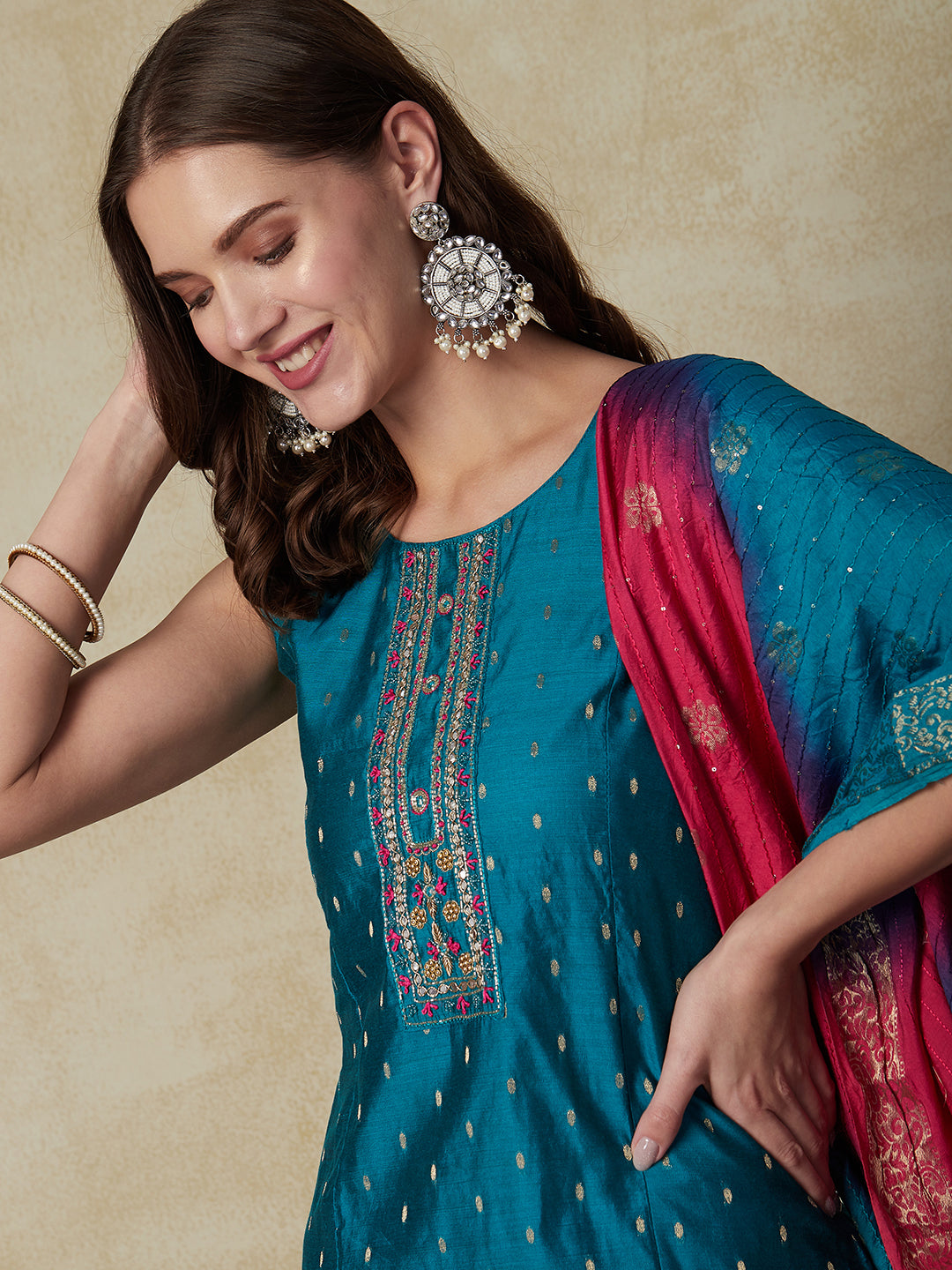 Ethnic Dobby & Embroidered Kurta with Pant & Ombre Dupatta - Turquoise Blue