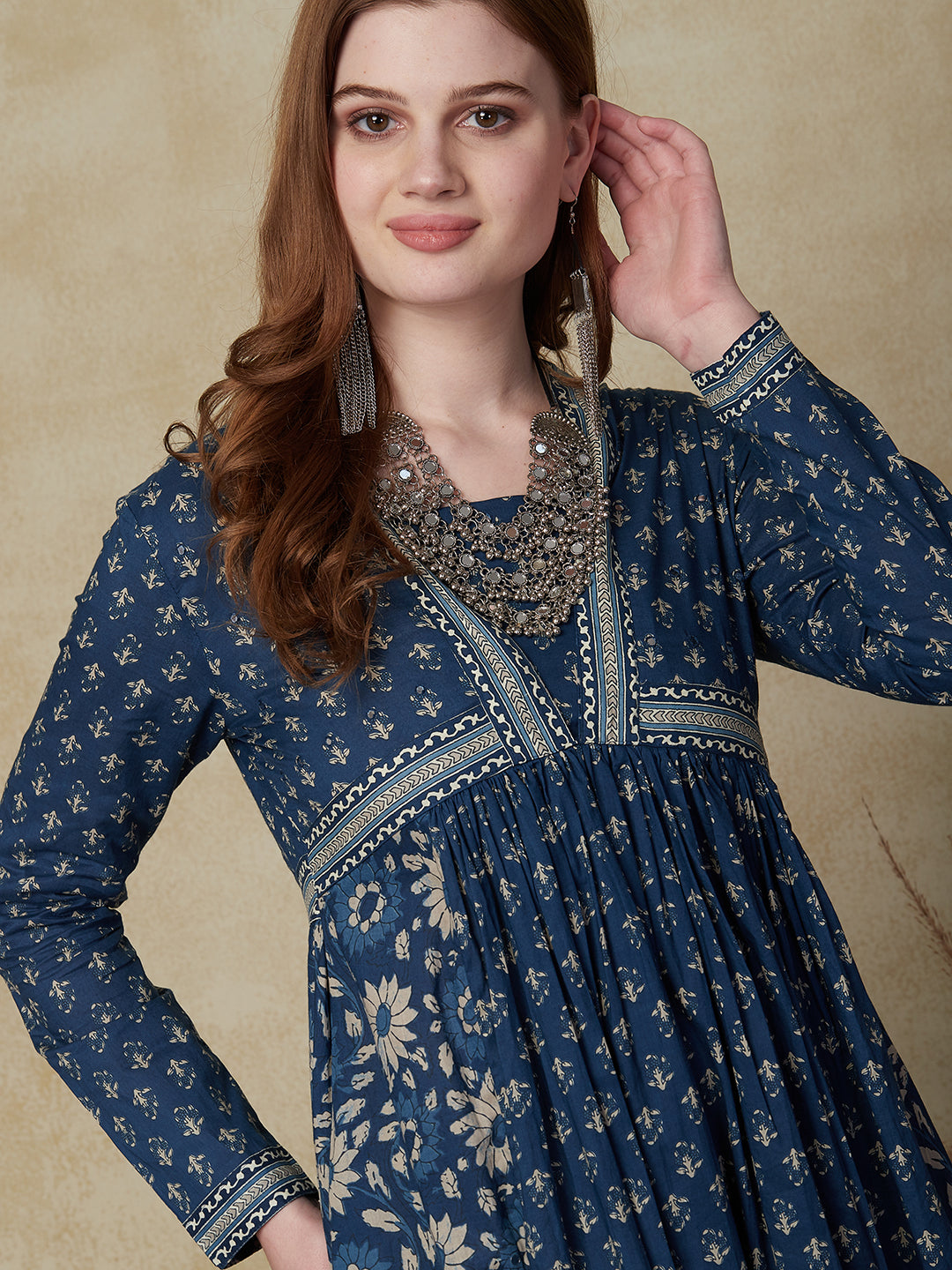Ethnic Floral Printed & Embroidered A-Line Pleated Maxi Dress - Blue
