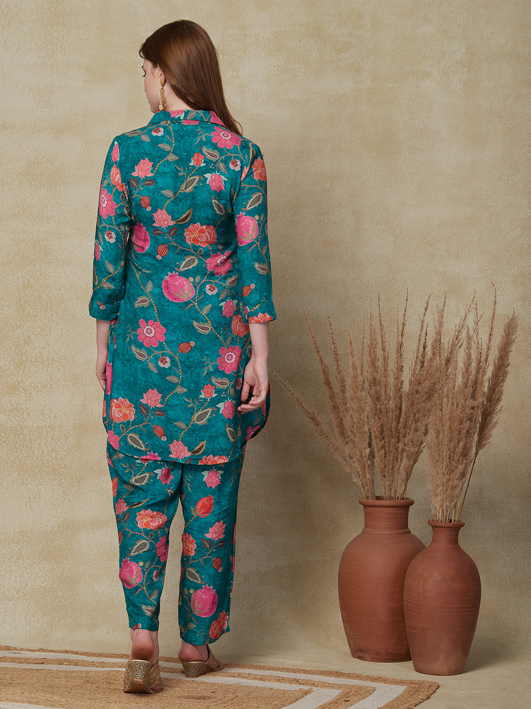 Floral Printed Cutdana Embroidered Kurti With Pants Indo-Western Co-Ord Set - Green