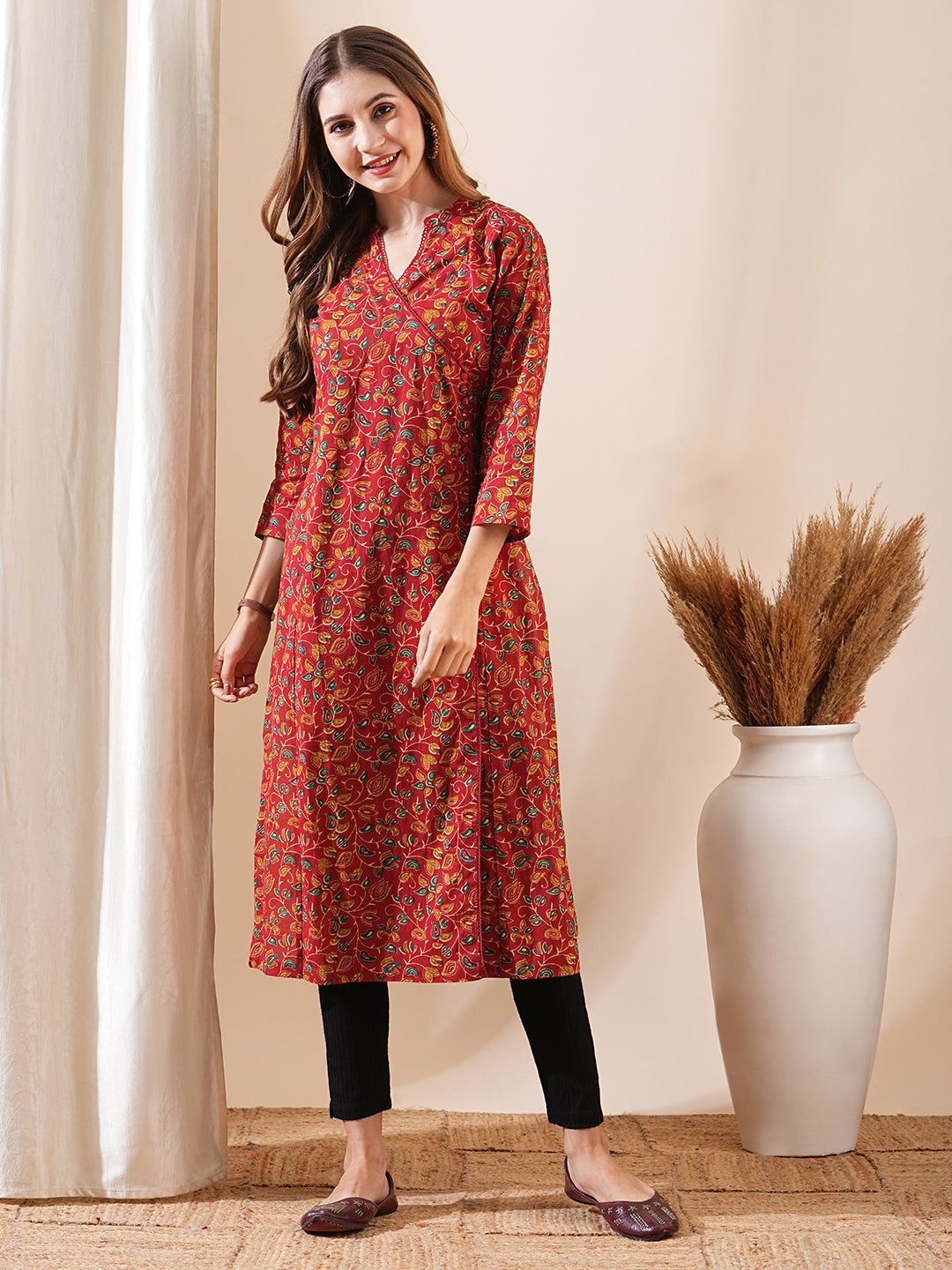Floral Block Printed Sequins & Crochet Lace Embellished Angrakha Style Kurta - Red