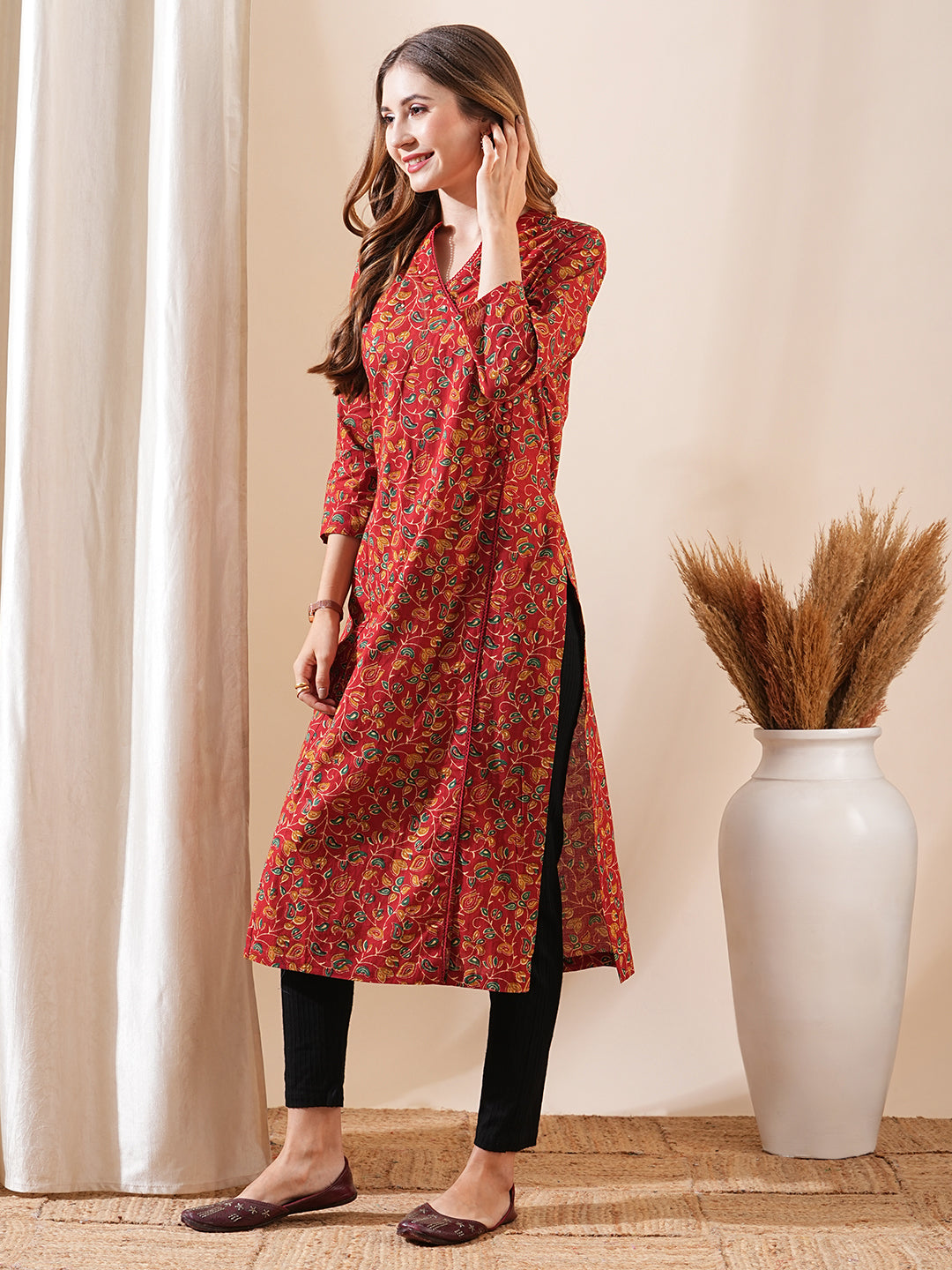 Floral Block Printed Sequins & Crochet Lace Embellished Angrakha Style Kurta - Red