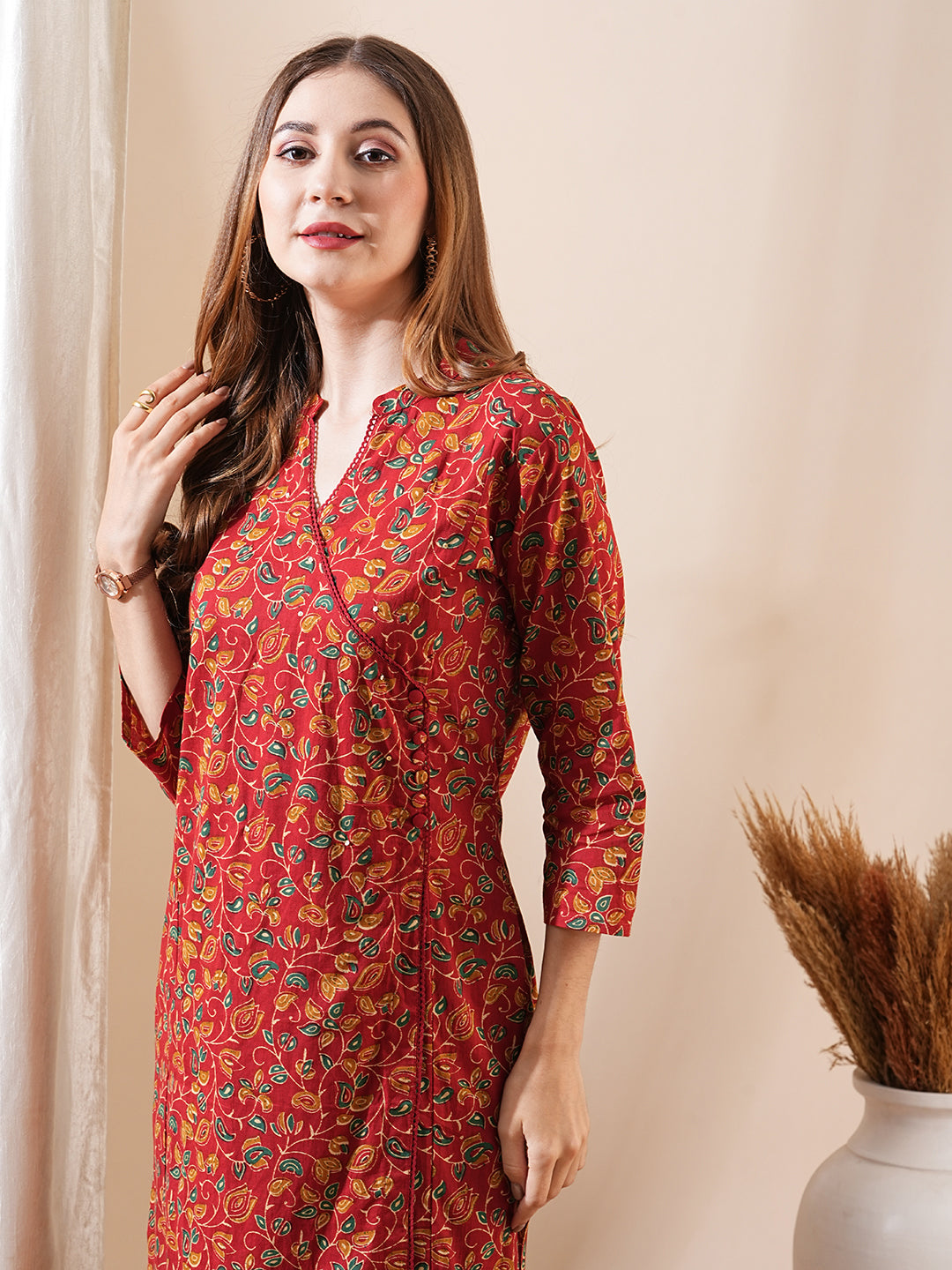 Floral Block Printed Sequins & Crochet Lace Embellished Angrakha Style Kurta - Red