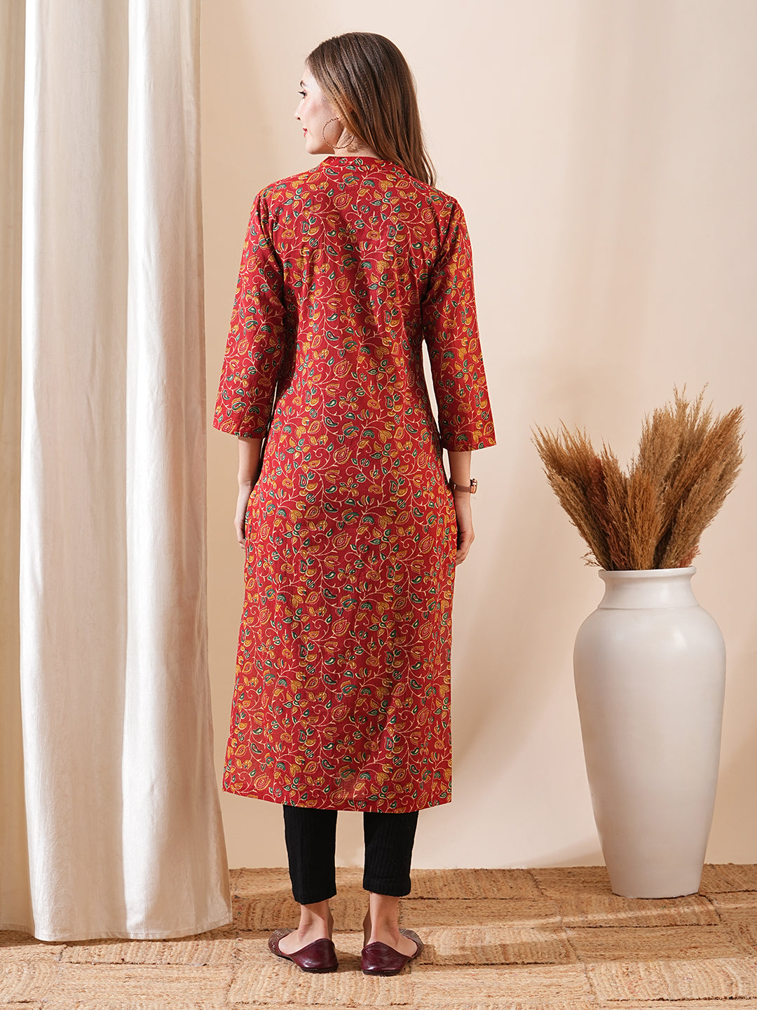 Floral Block Printed Sequins & Crochet Lace Embellished Angrakha Style Kurta - Red