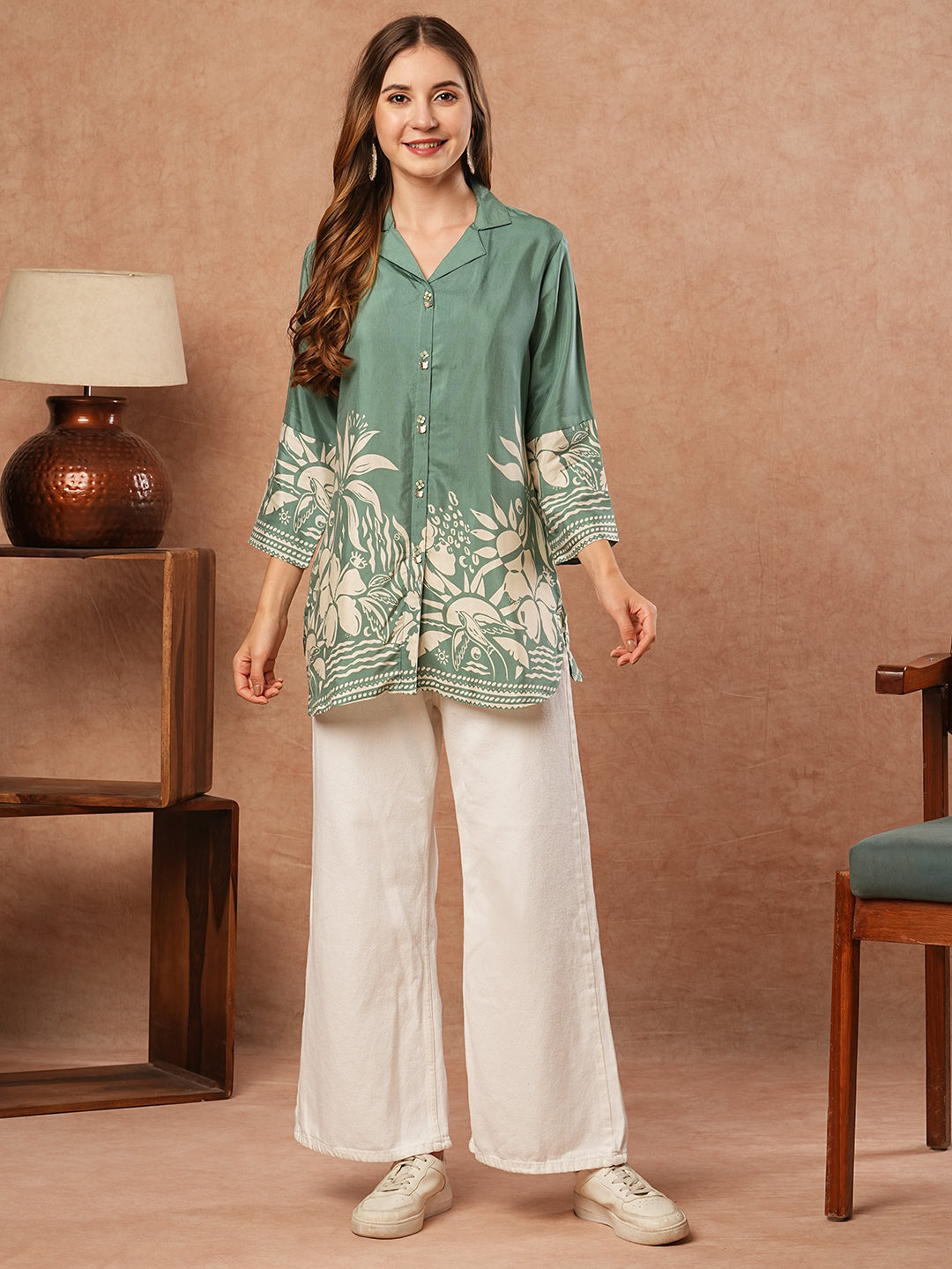 Floral Abstract Printed Straight Fit Kurti - Green