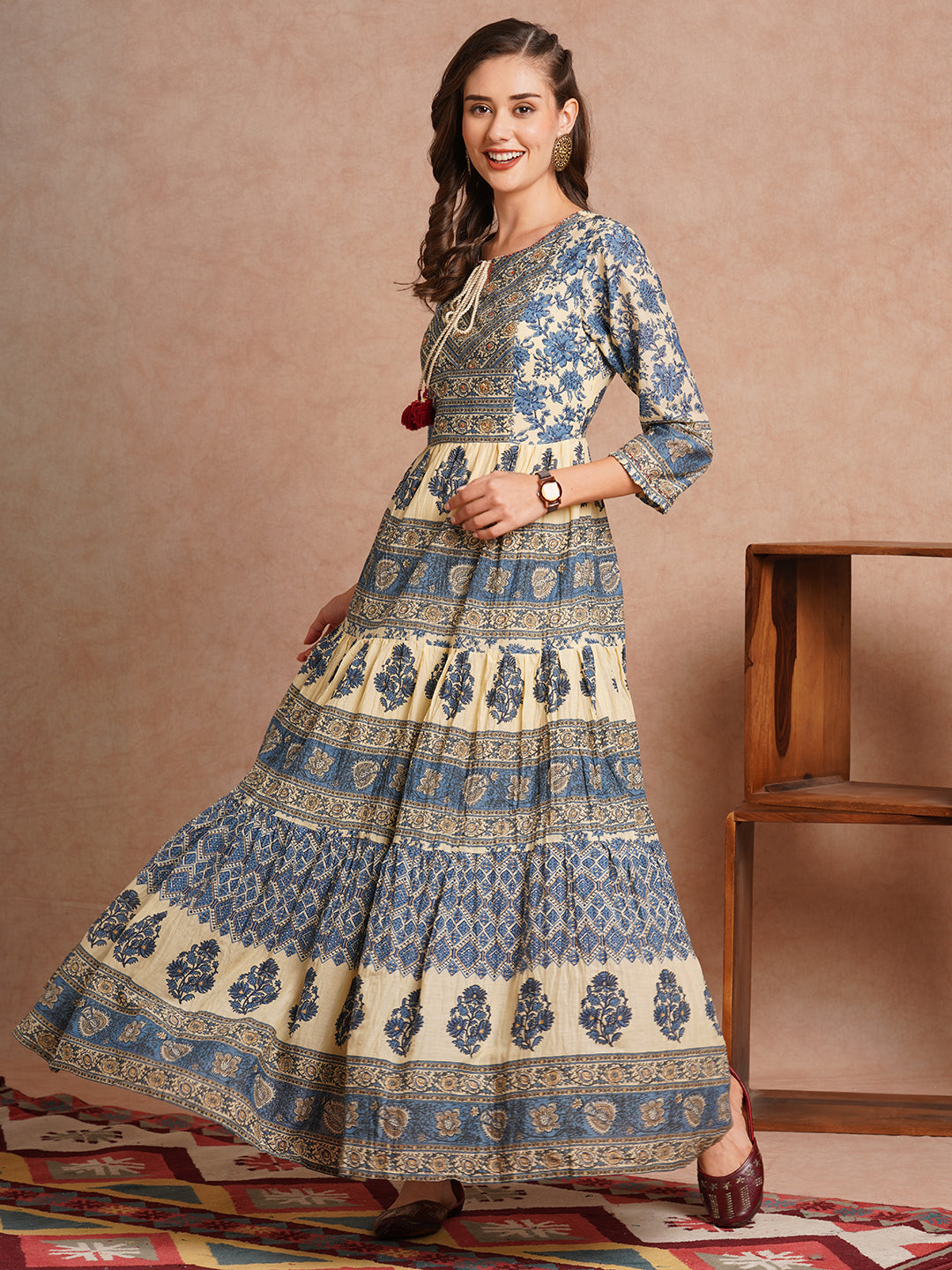 Ethnic Floral Printed & Embroidered A-Line Tiered Flared maxi Dress - Morpunkhi Ethnic Floral Printed & Embroidered A-Line Tiered Flared maxi Dress - Morpunkhi