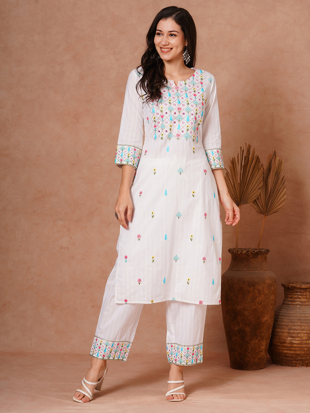 Solid Ethnic Woven & Floral Embroidered Straight Fit Kurta with Salwar - White