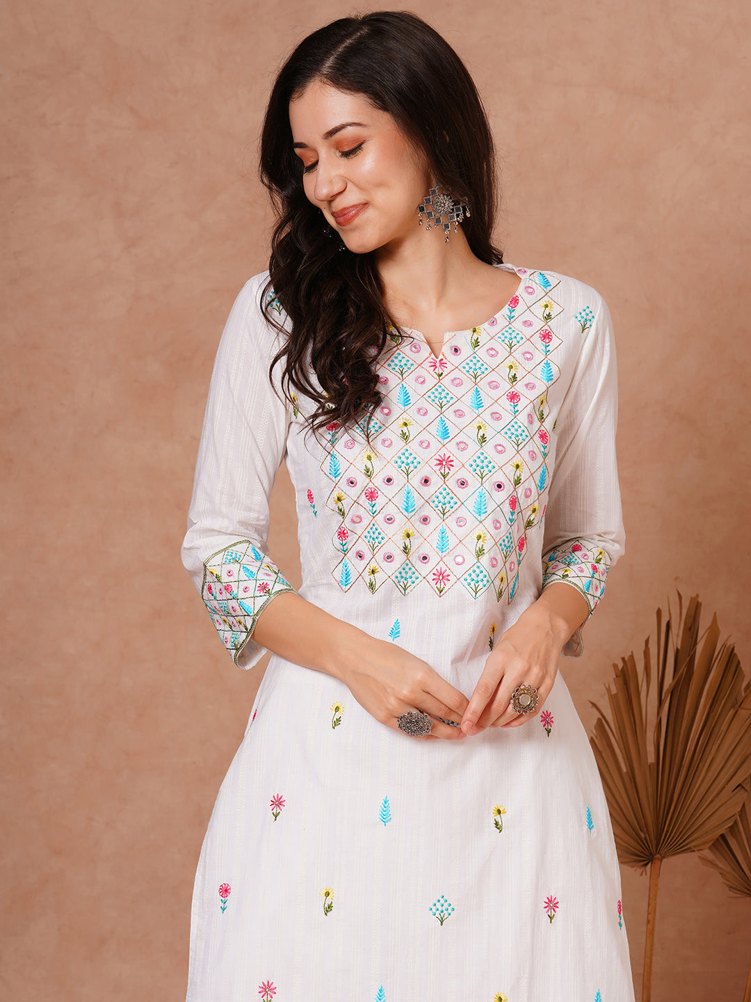 Solid Ethnic Woven & Floral Embroidered Straight Fit Kurta with Salwar - White