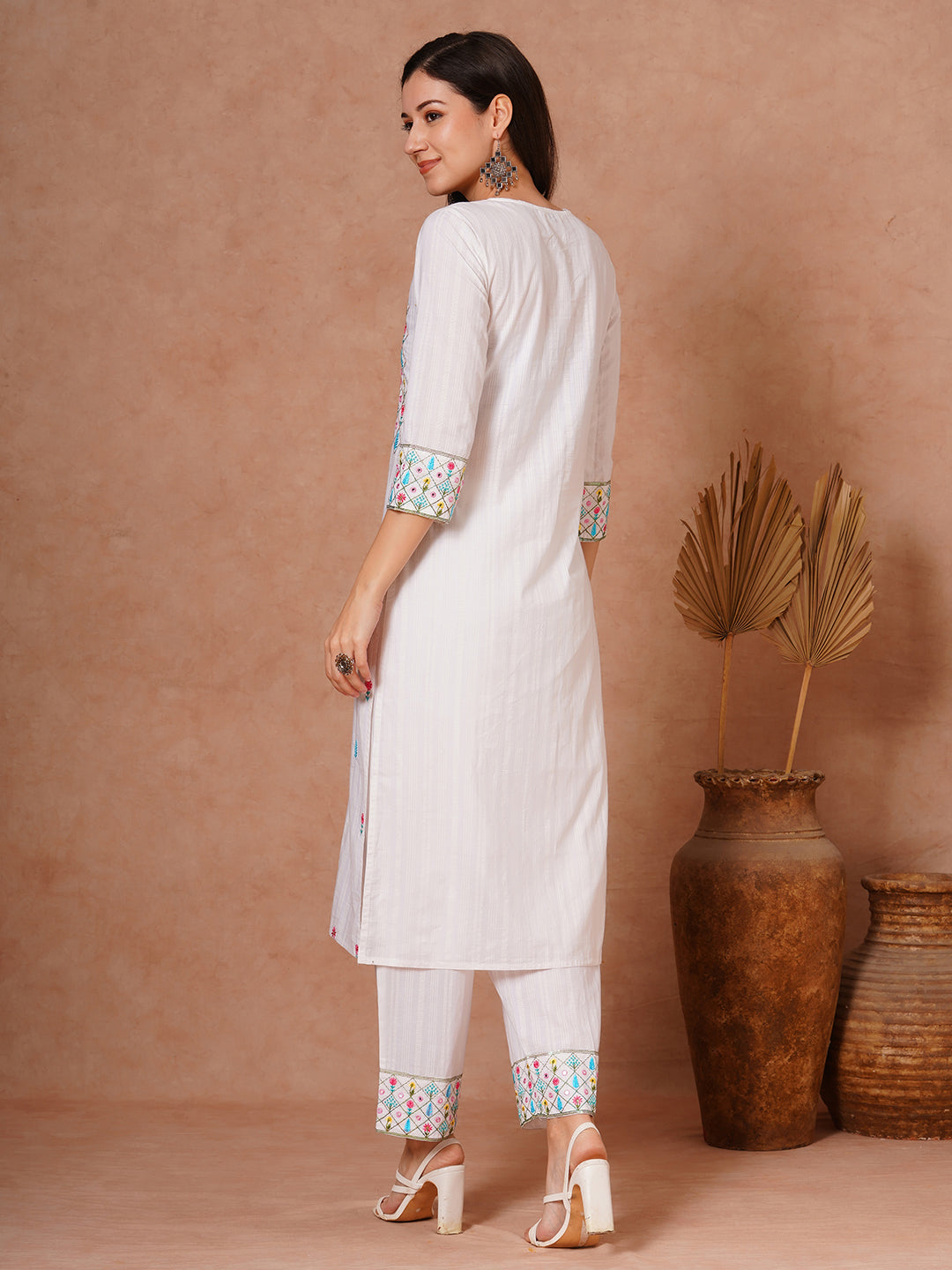 Solid Ethnic Woven & Floral Embroidered Straight Fit Kurta with Salwar - White