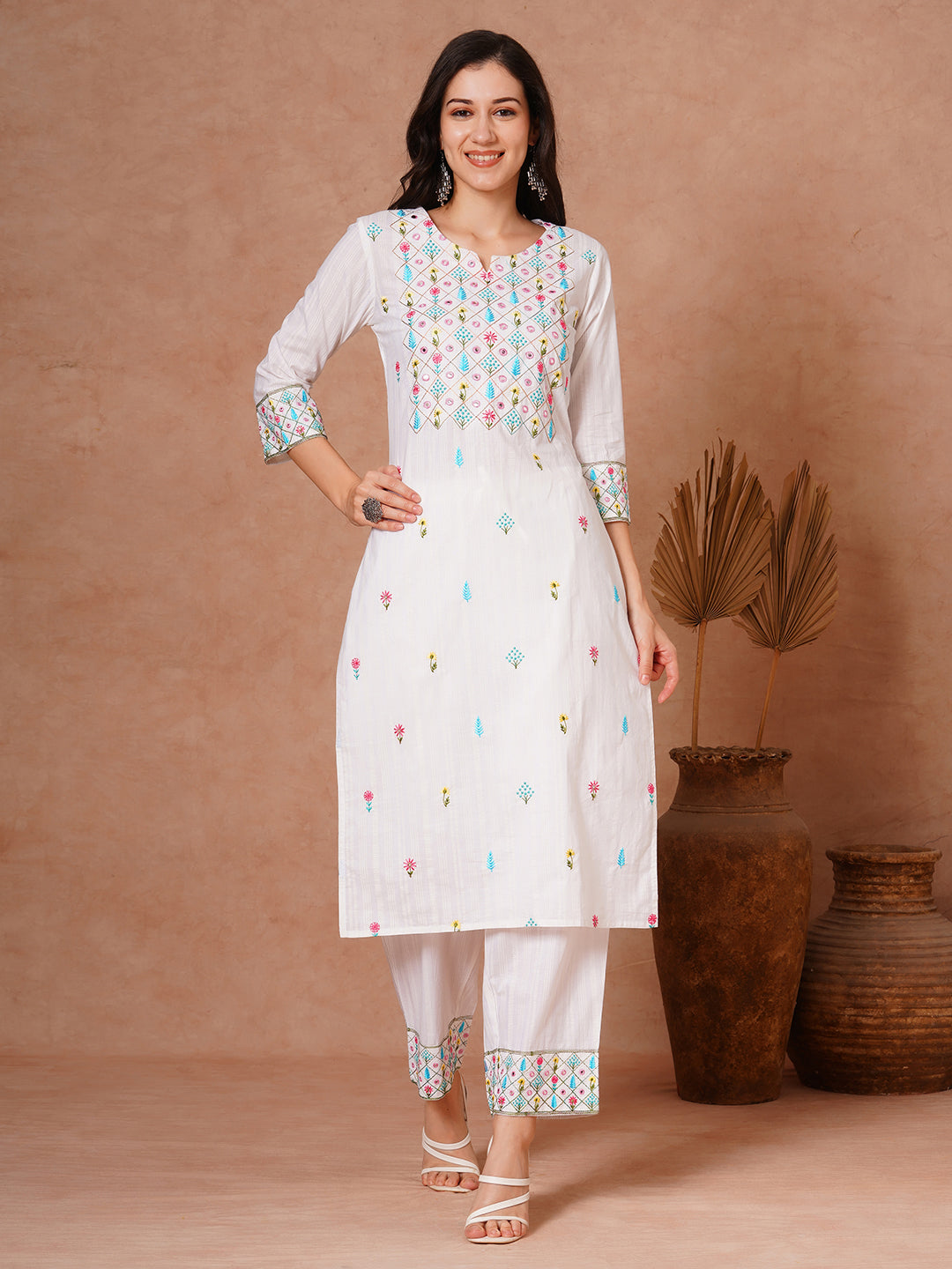 Solid Ethnic Woven & Floral Embroidered Straight Fit Kurta with Salwar - White