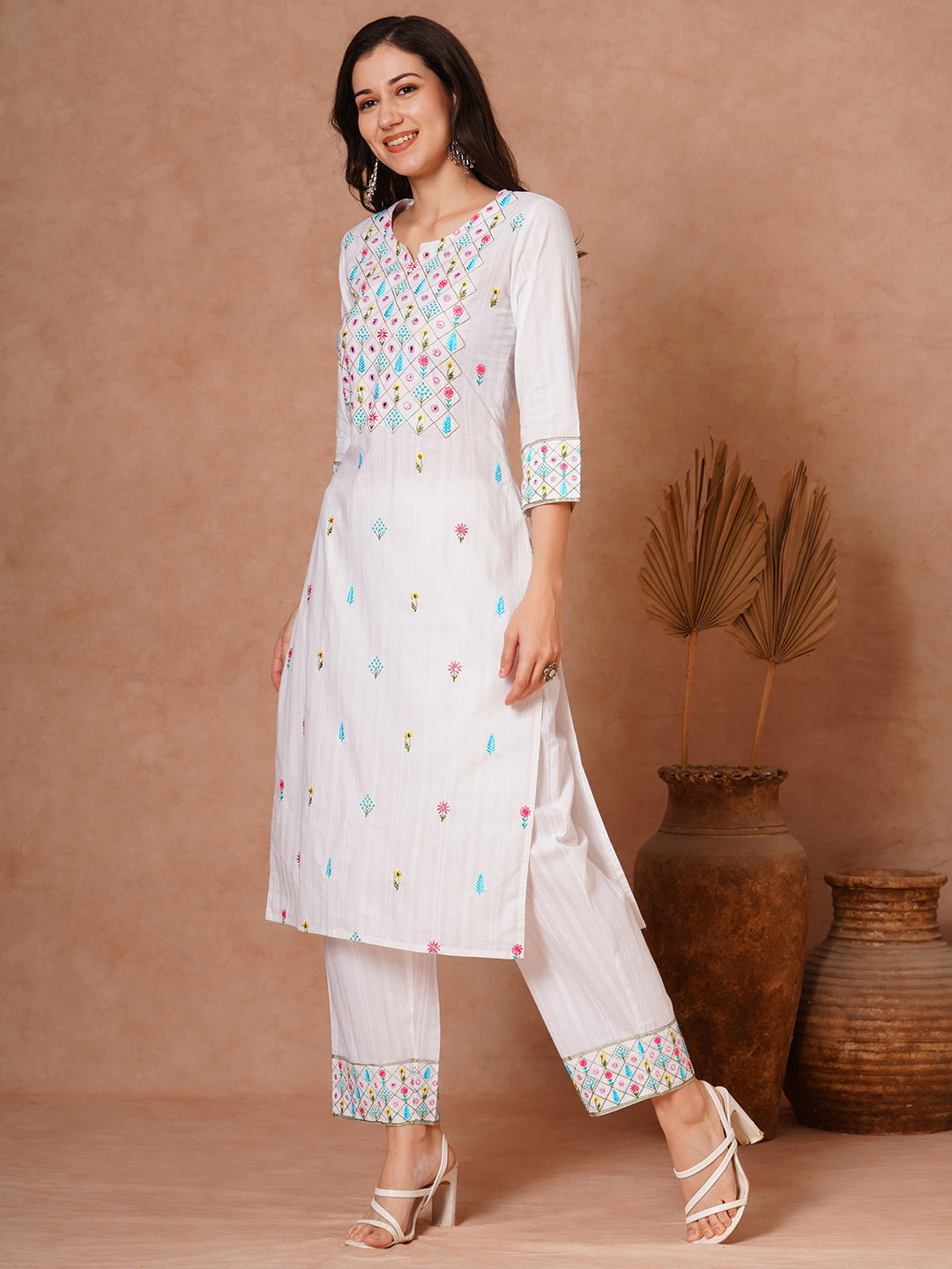 Solid Ethnic Woven & Floral Embroidered Straight Fit Kurta with Salwar - White