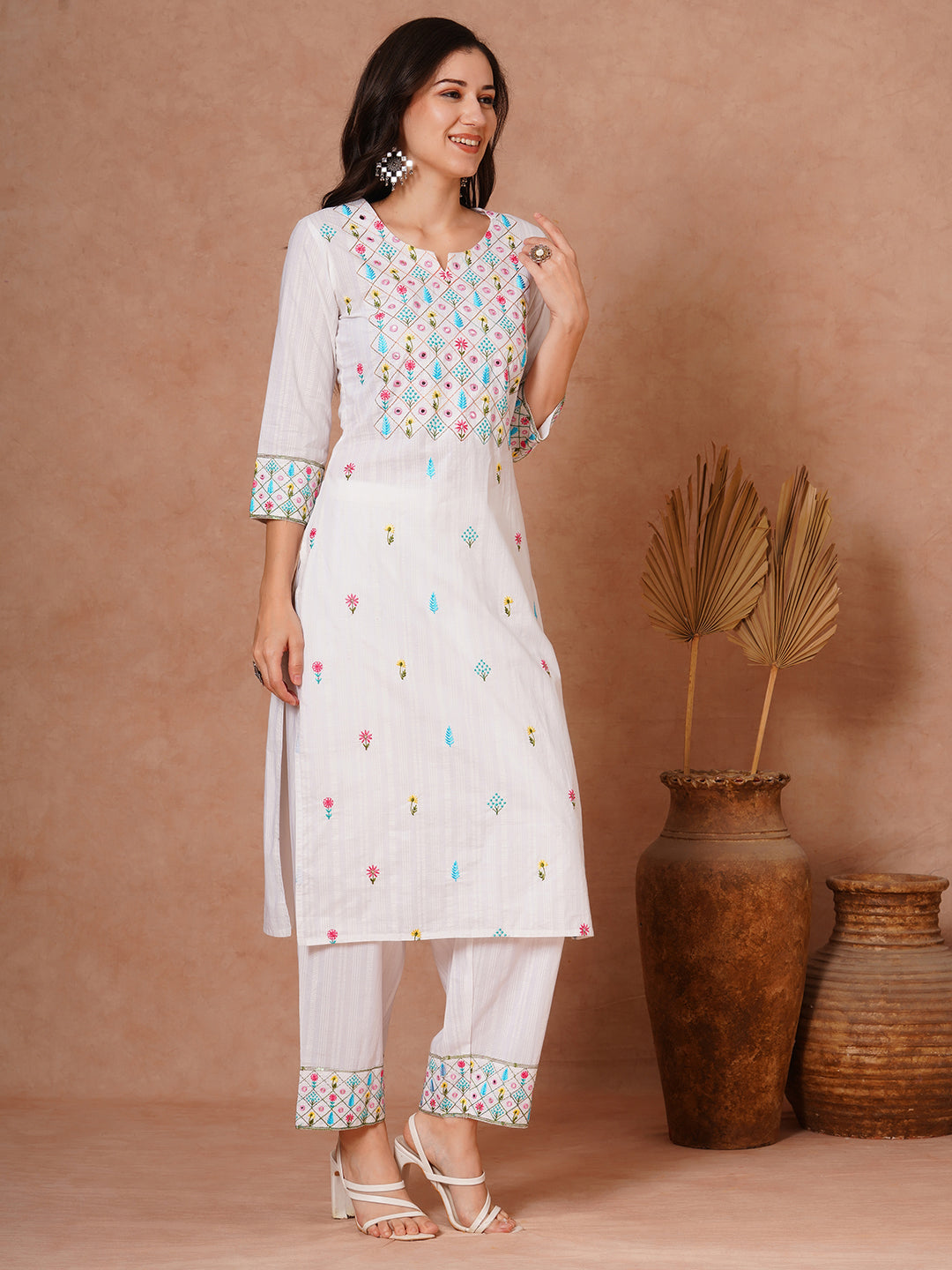 Solid Ethnic Woven & Floral Embroidered Straight Fit Kurta with Salwar - White