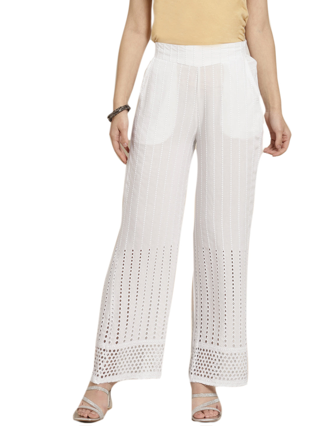 White Liva Schiffli Flared Palazzo