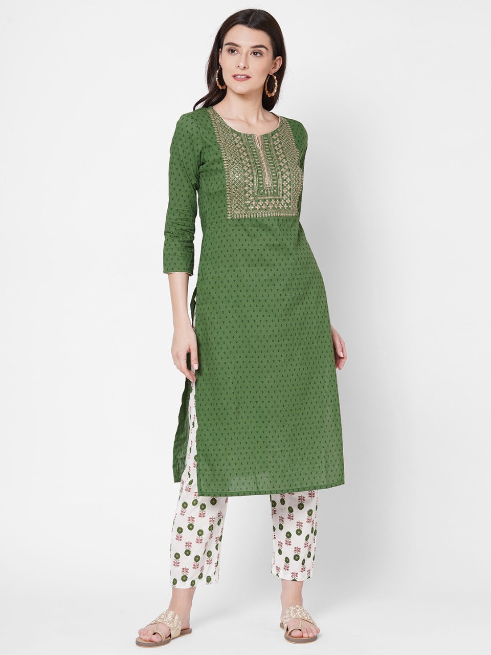Ethnic Printed & Zari Embroidered Kurta With Block Printed Pant - Green