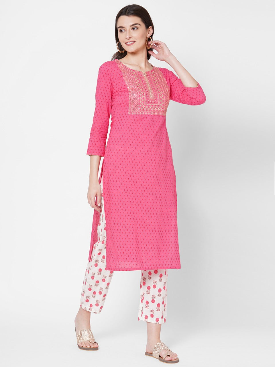 Ethnic Printed & Zari Embroidered Kurta With Block Printed Pant - Pink